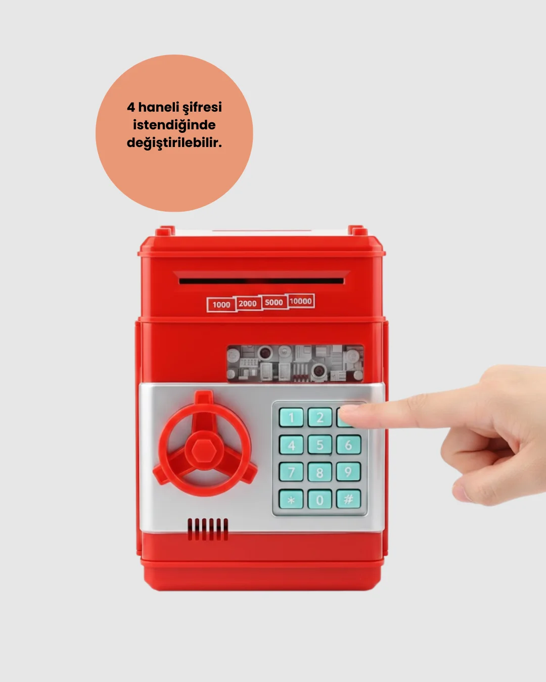 Şifreli Kırmızı ATM Tasarımlı Çelik Kasa Görünümlü Kumbara