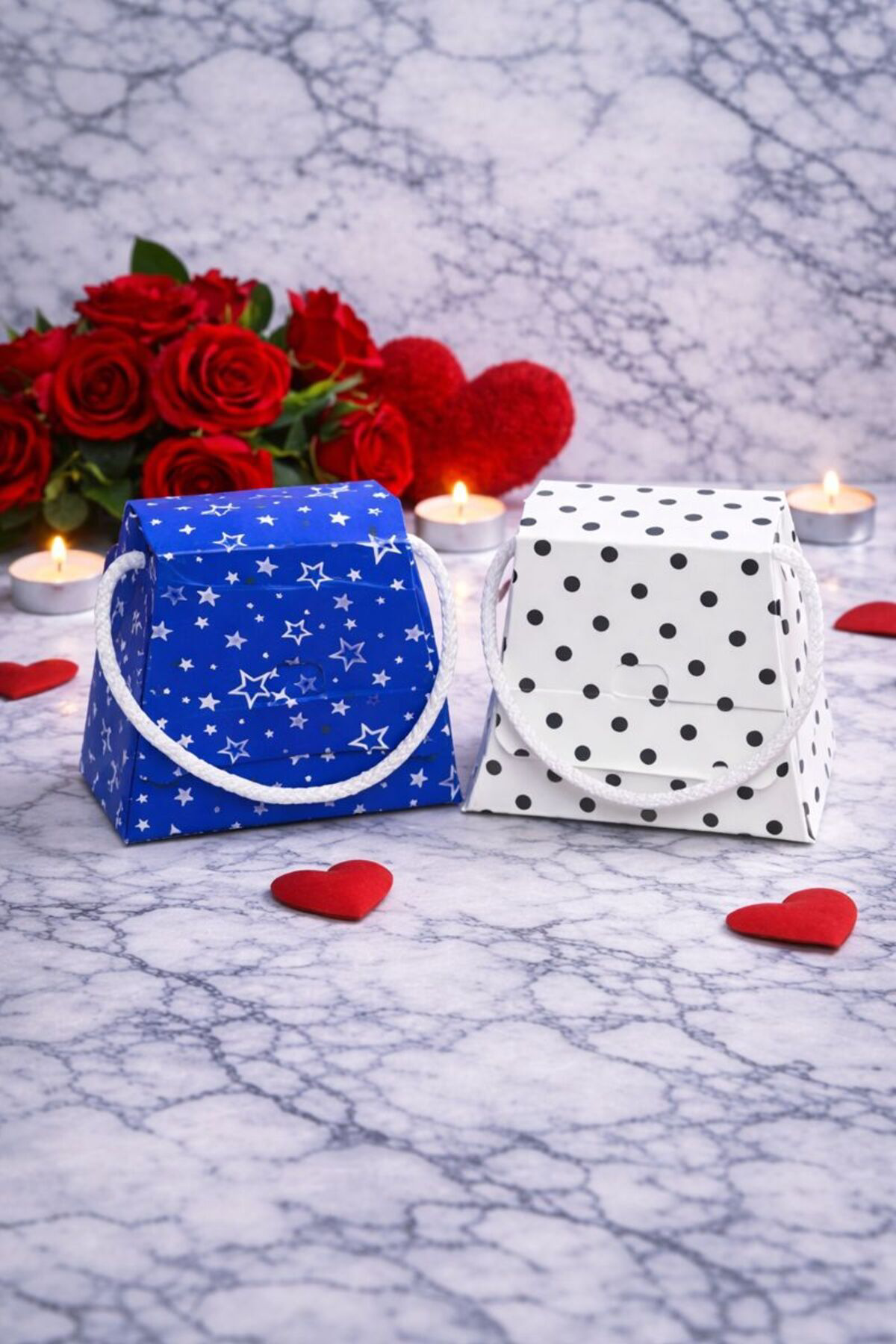 Şık 2’li Mavi Yıldızlı ve Siyah Puantiyeli Hediyelik Karton Çanta