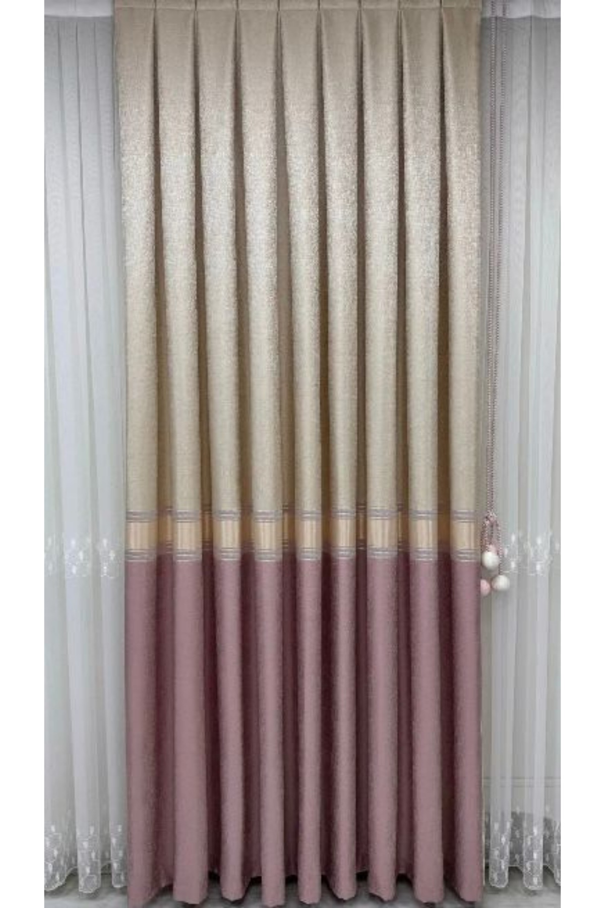 Özgün Home Şık Desenli Pano Fon Bej - Pembe (Tek Kanat+Aksesuar)