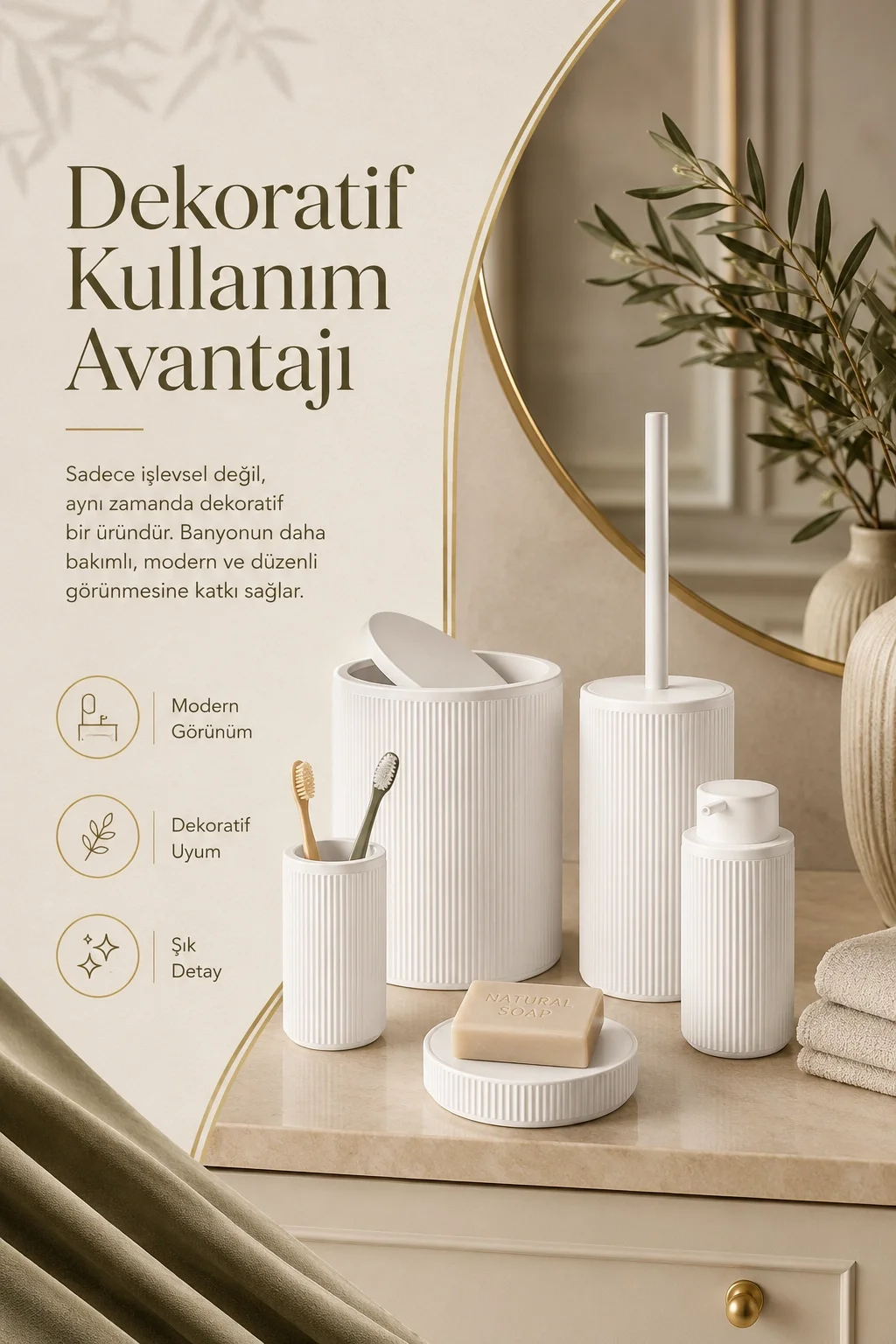 Şık Görünümlü Beyaz Banyo Aksesuar Takımı 5 Parça Günlük Kullanıma Uygun Set