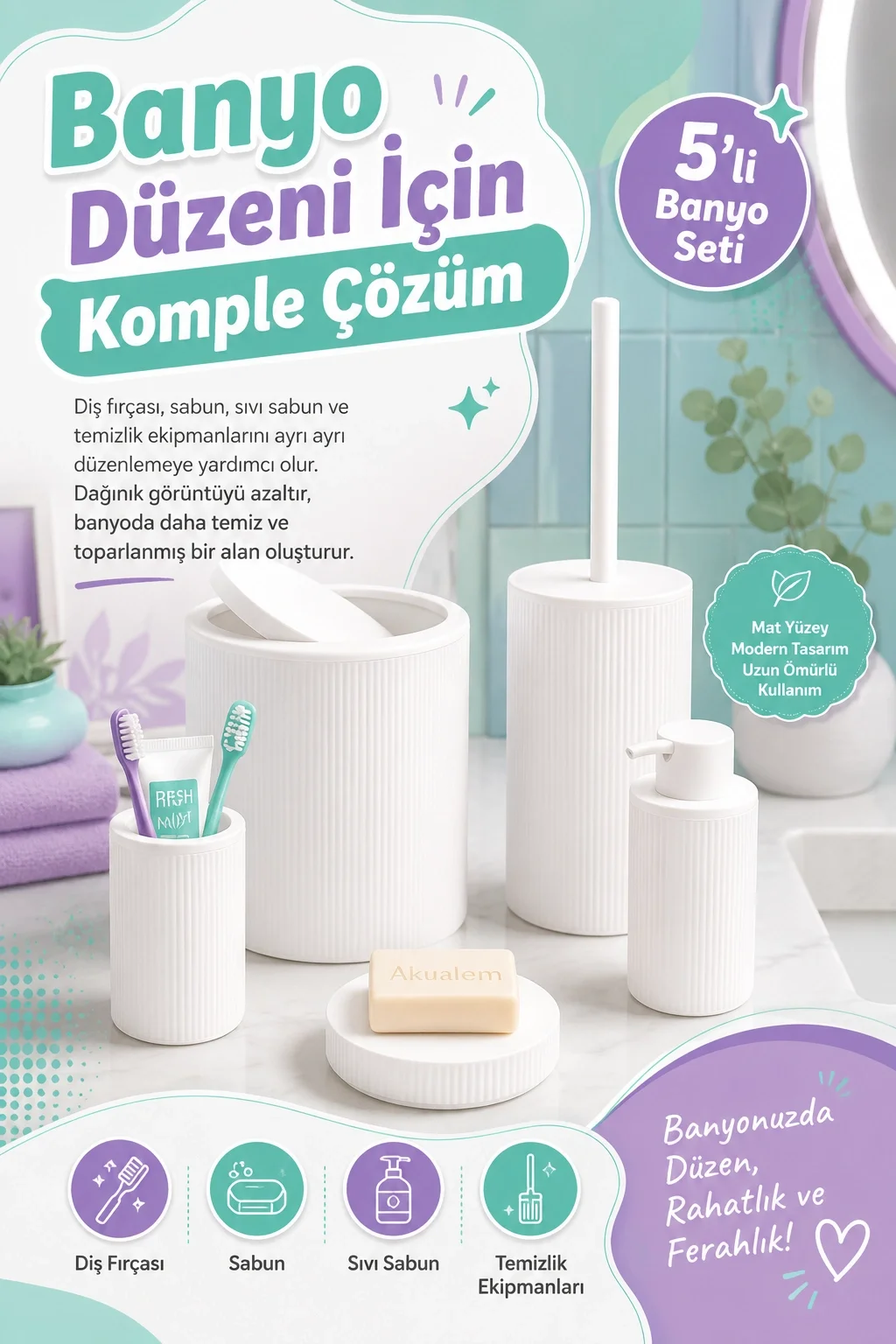 Şık Görünümlü Beyaz Banyo Aksesuar Takımı 5 Parça Günlük Kullanıma Uygun Set