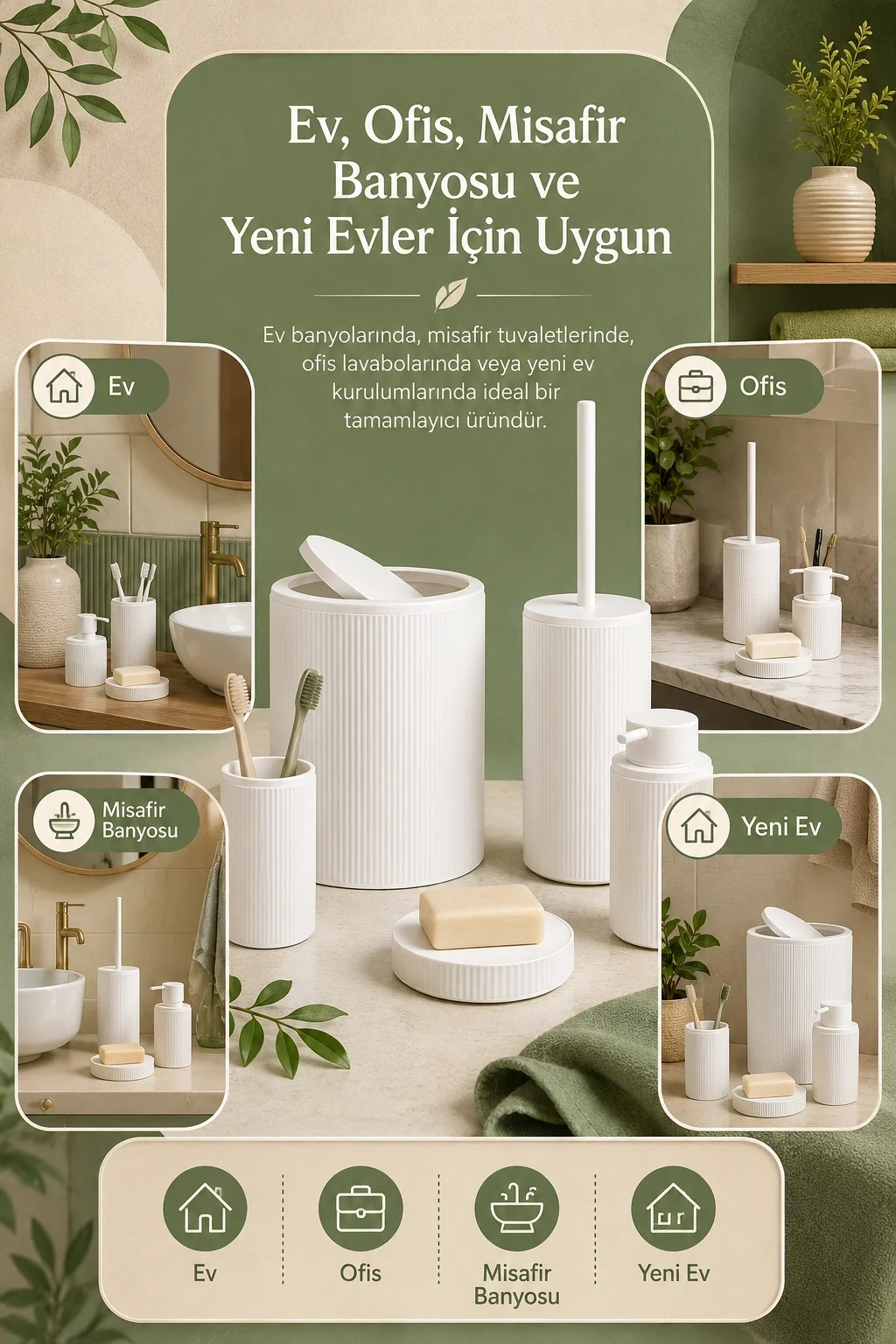 Şık Görünümlü Beyaz Banyo Aksesuar Takımı 5 Parça Günlük Kullanıma Uygun Set
