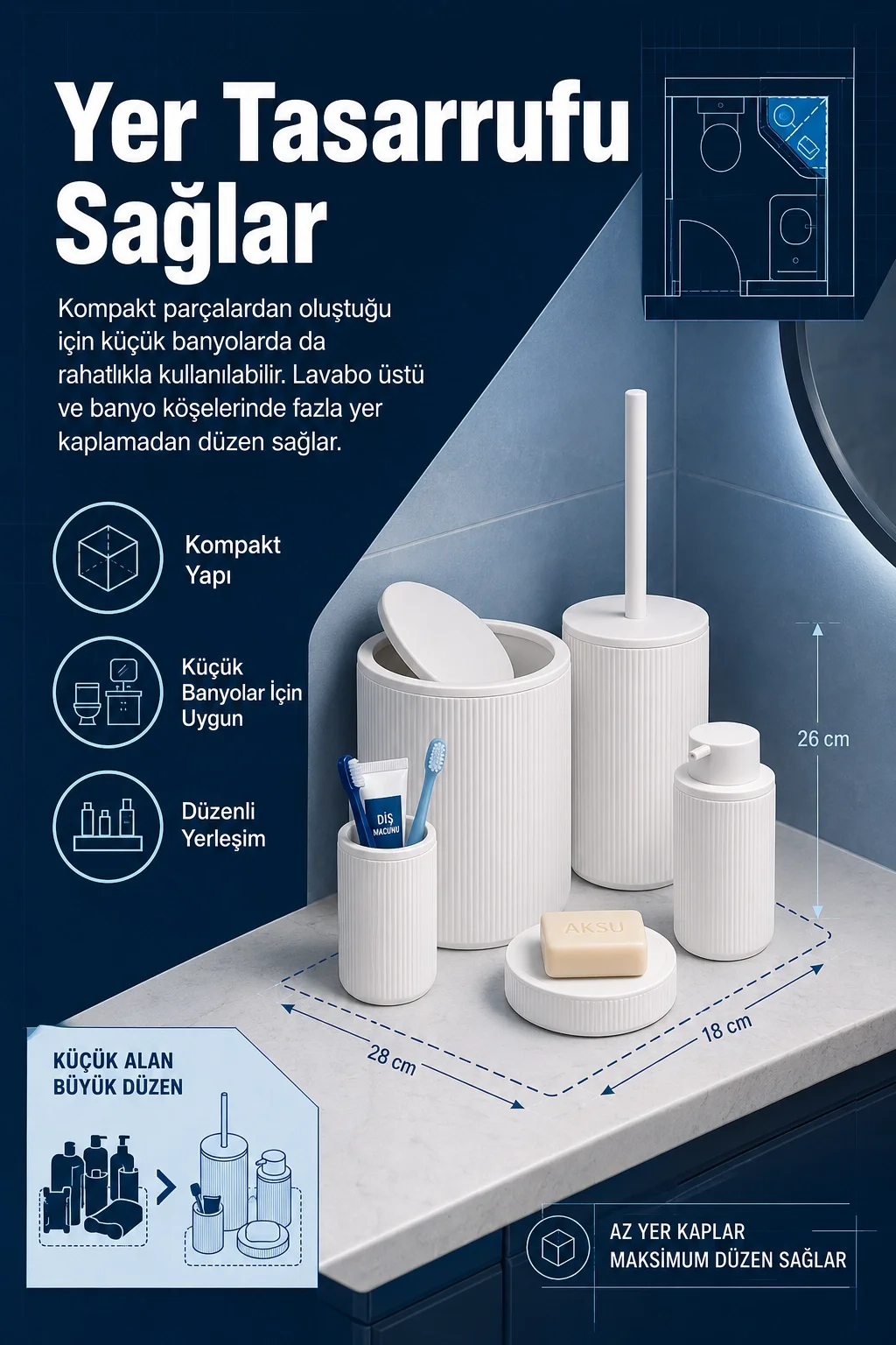 Şık Görünümlü Beyaz Banyo Aksesuar Takımı 5 Parça Günlük Kullanıma Uygun Set