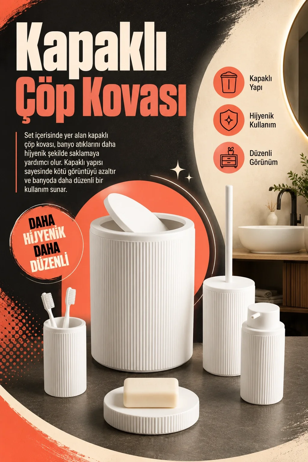 Şık Görünümlü Beyaz Banyo Aksesuar Takımı 5 Parça Günlük Kullanıma Uygun Set