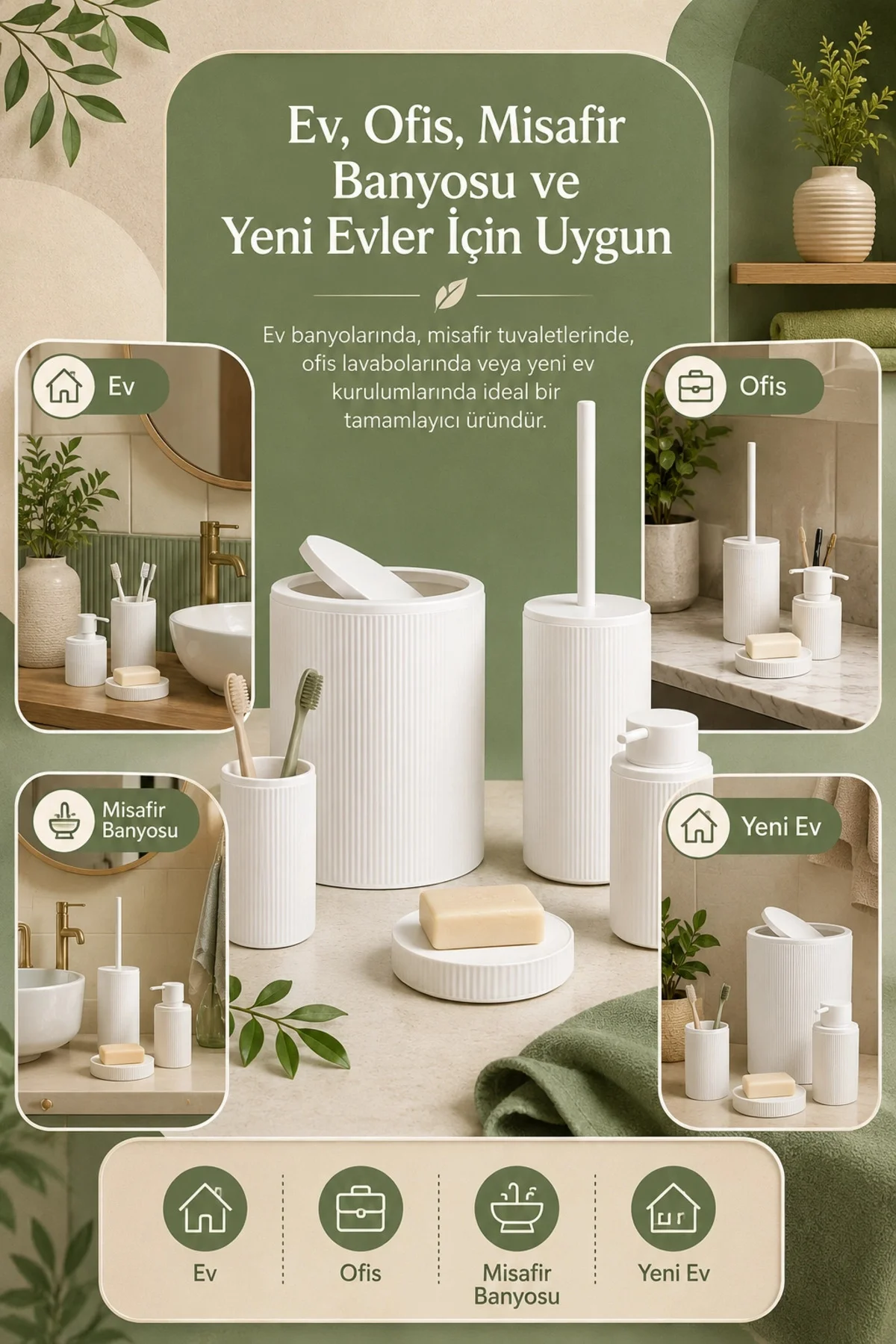 Şık Görünümlü Beyaz Banyo Aksesuar Takımı 5 Parça Günlük Kullanım