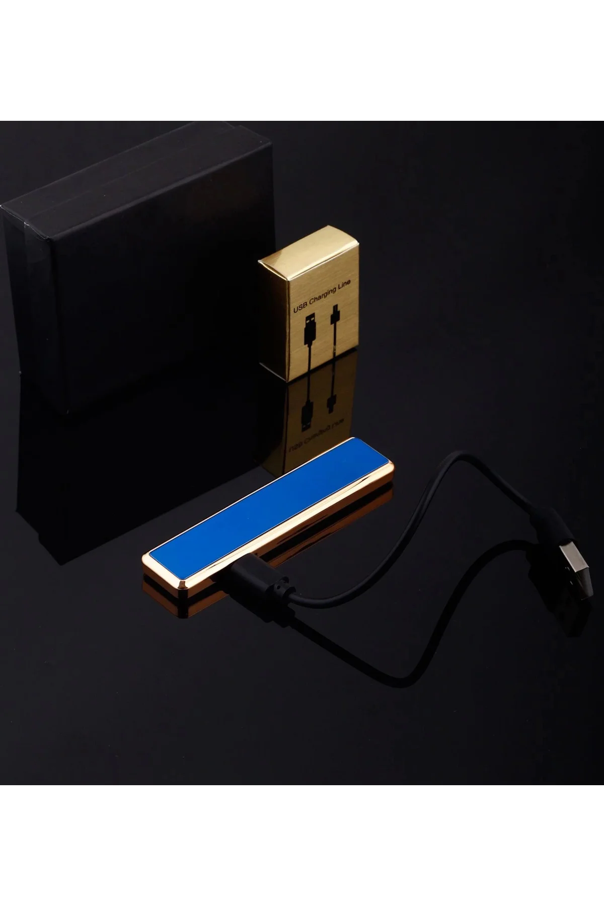 Şık Görünümlü Usb Şarjlı Rezistanslı İnce Slim Metal Çakmak (mavi