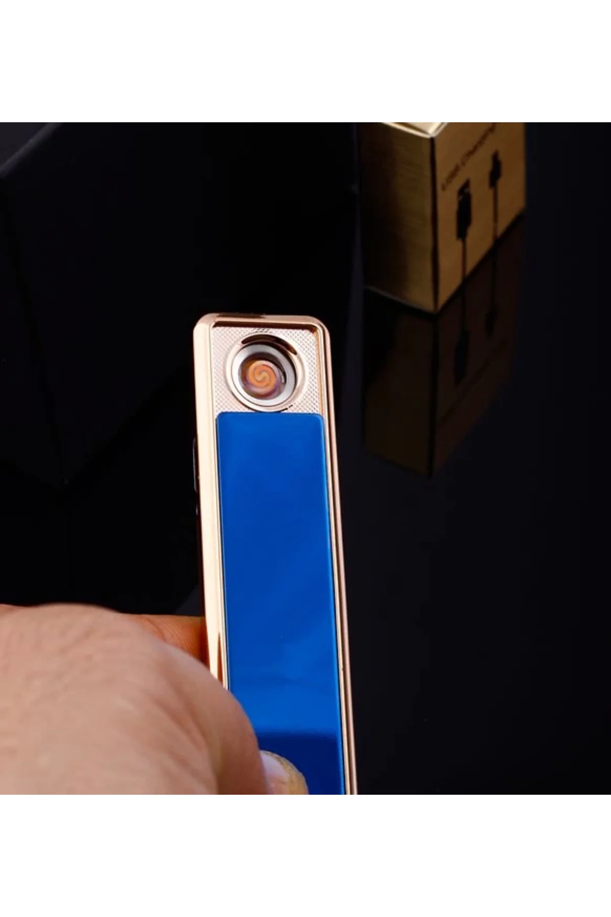 Şık Görünümlü Usb Şarjlı Rezistanslı İnce Slim Metal Çakmak (mavi