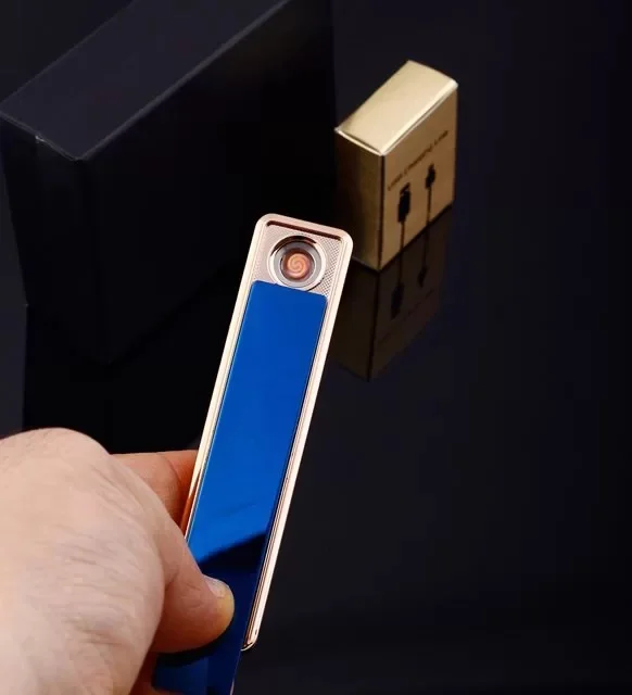 Şık Görünümlü Usb Şarjlı Rezistanslı İnce Slim Metal Çakmak Mavi
