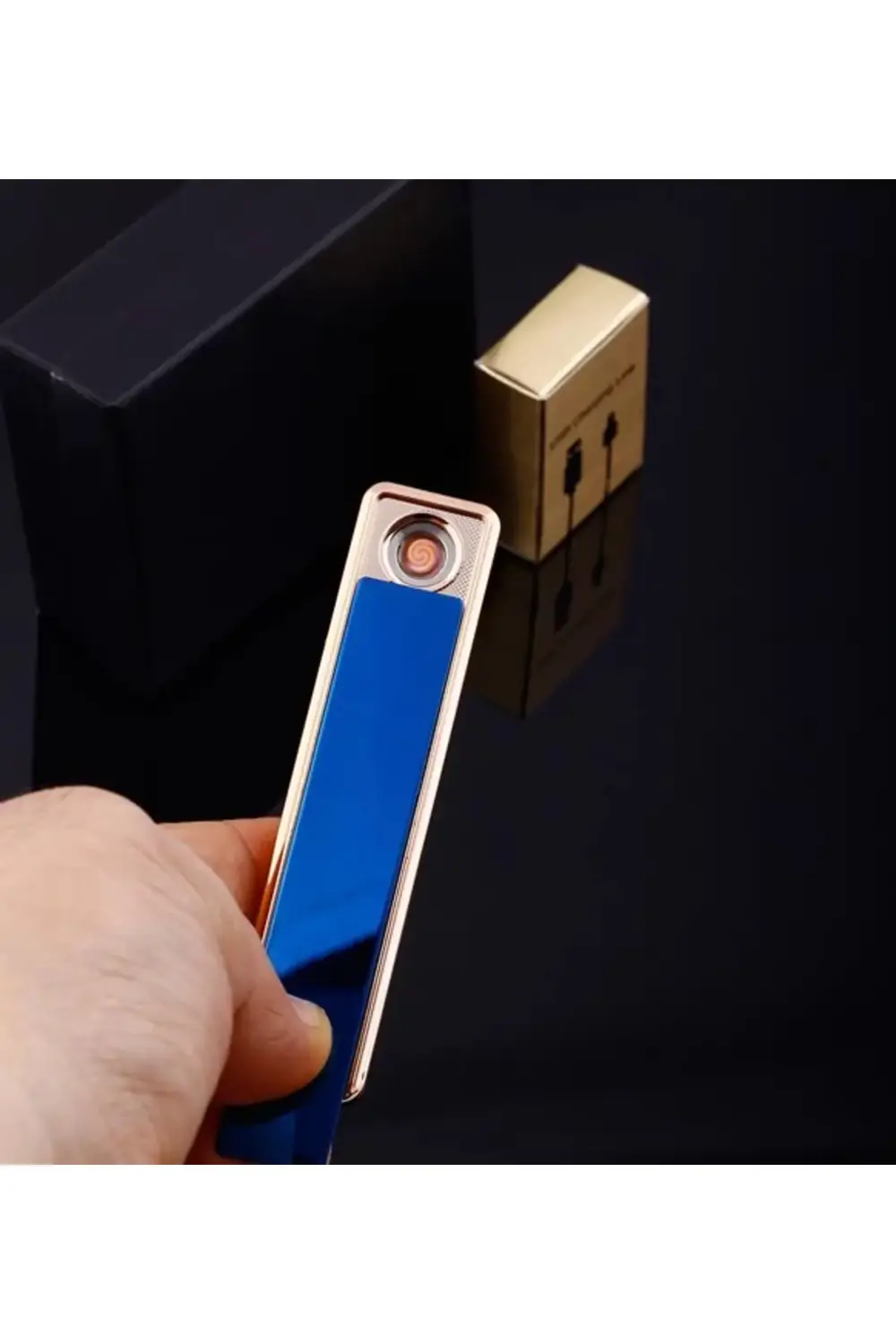 Şık Görünümlü Usb Şarjlı Rezistanslı İnce Slim Metal Çakmak (mavi