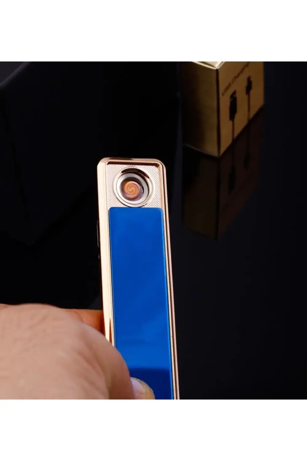 Şık Görünümlü Usb Şarjlı Rezistanslı İnce Slim Metal Çakmak (mavi