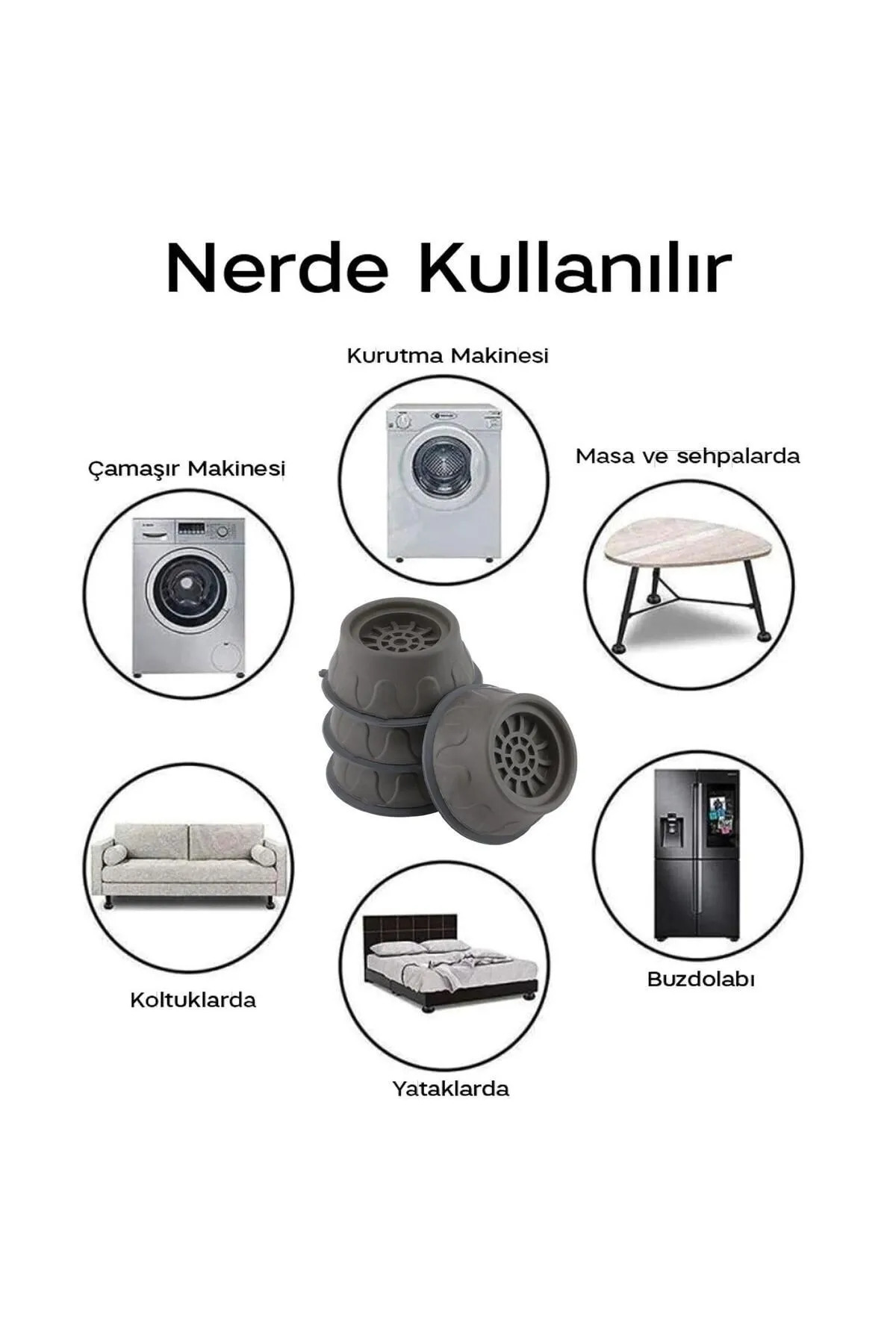Şık Gri Titreşim Önleyici Kauçuk Pedler - Çamaşır Makinesi İçin 4'lü Set Kaymaz Ayaklık Sert