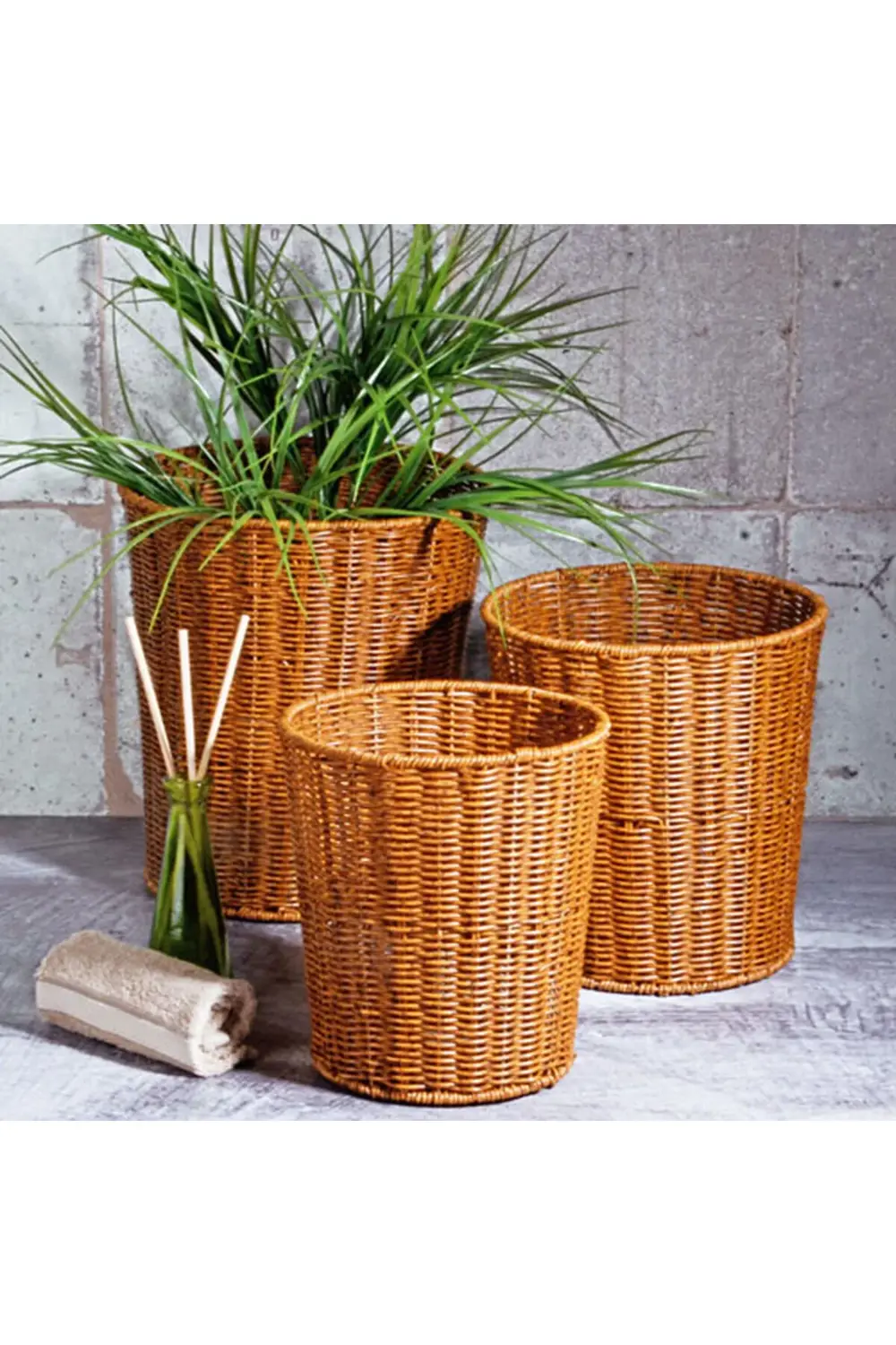 Şık Kahverengi Rattan Hasır 3'lü Yuvarlak Sepet Seti