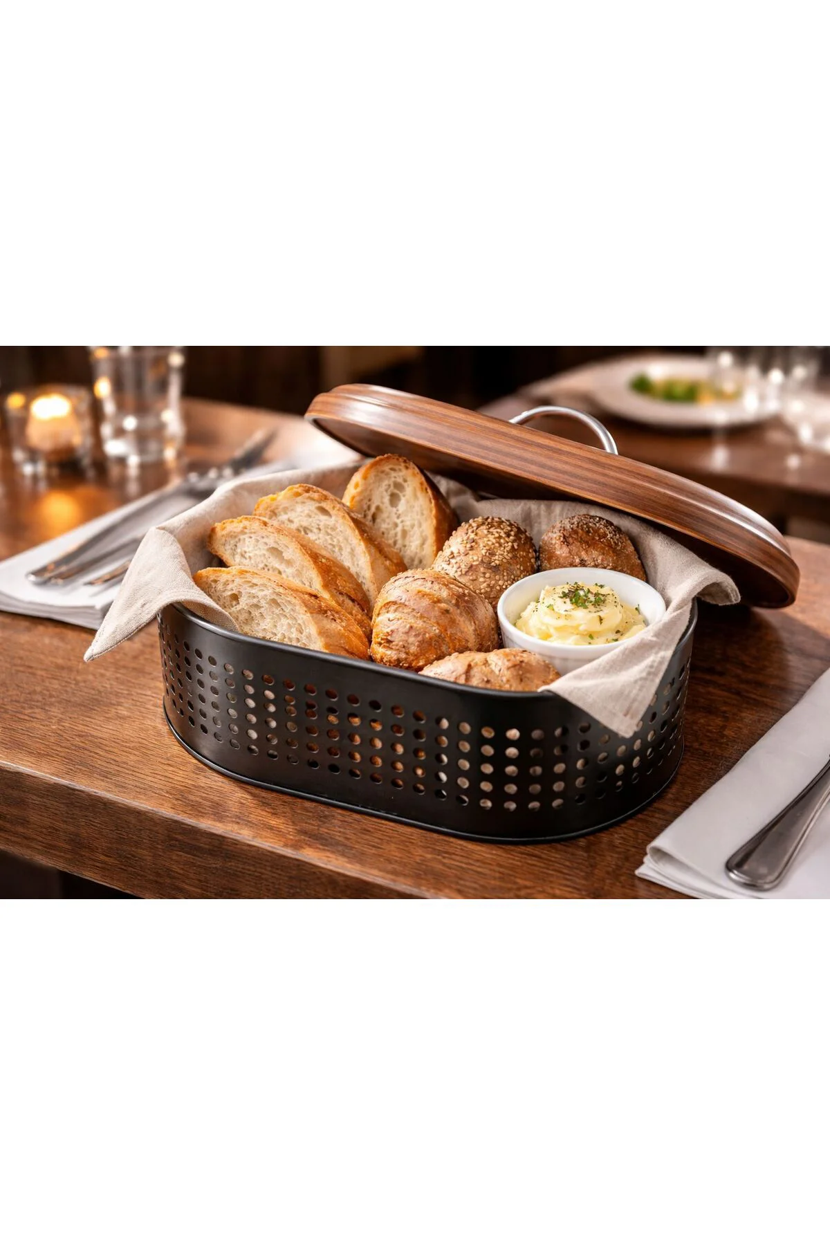 Şık Kapaklı Metal Ekmeklik, Ahşap Görünümlü Tasarım