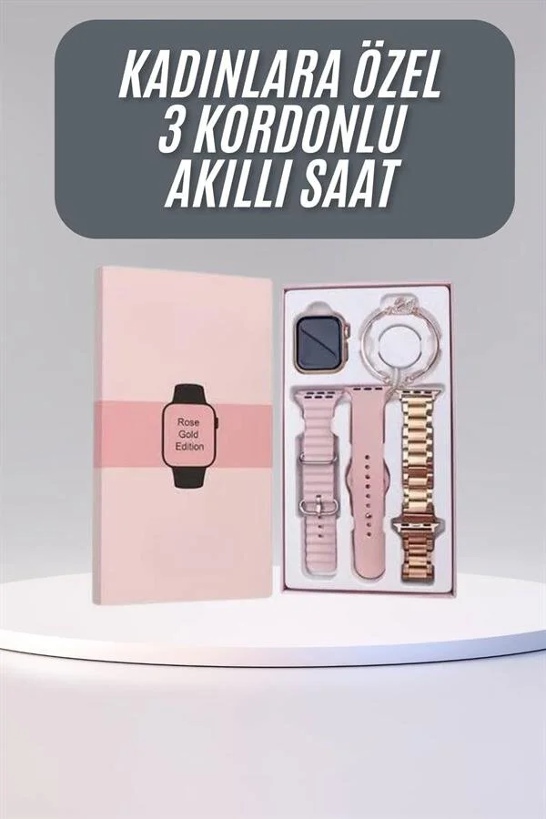 Şık Rose Akıllı Saat 3 Kordonlu & Aksesuarlı - Spor ve Sağlık İçin