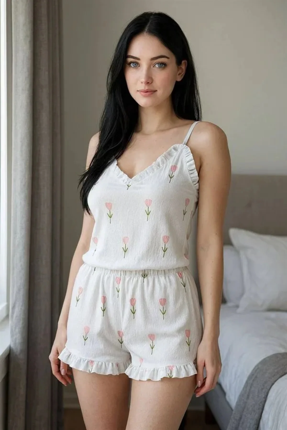 Şık Tasarım Beyaz Üstüne Çiçek Desenli Askılı Şortlu Pijama Takımı Fiyatı, Yorumları ve Özellikleri