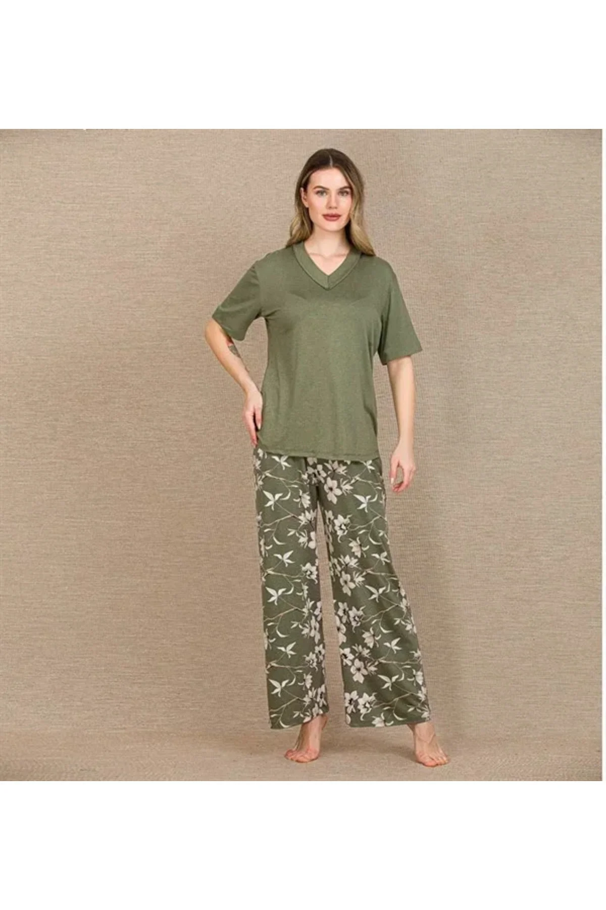 Şık Tasarım Çiçek Desenli Yeşil Kısa Kol Viskon Pijama Takımı Fiyatı, Yorumları ve Özellikleri