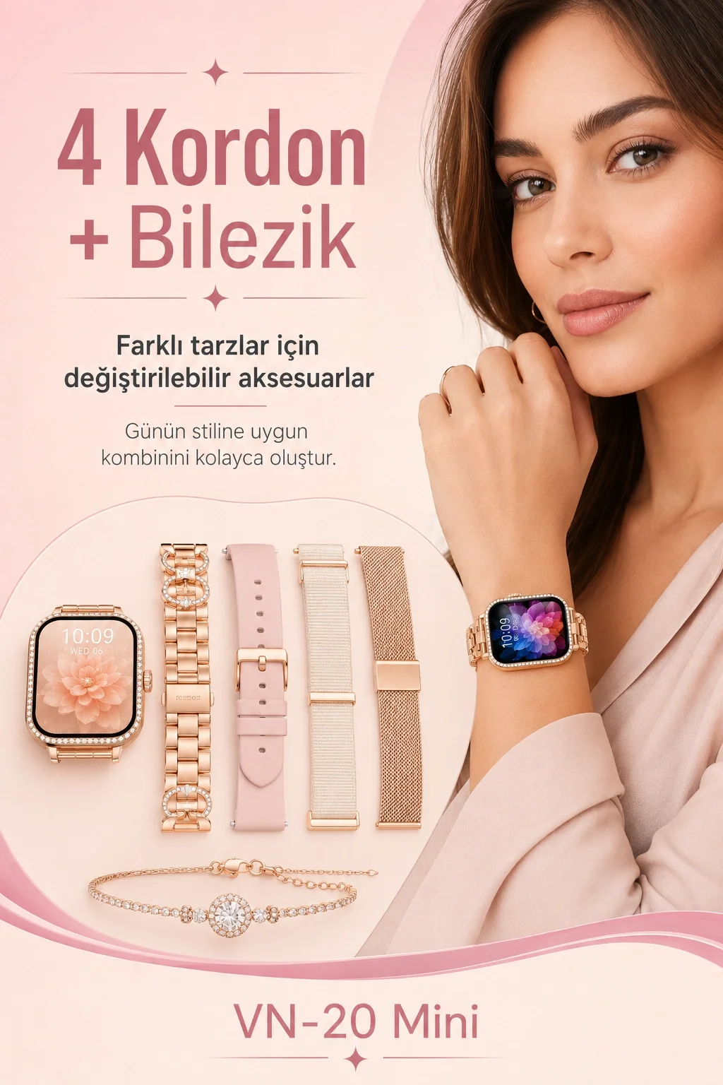 Şık Tasarımlı Mini Akıllı Saat Dört Çift Kayışlı Telefon Uyumlu Bildirim Destekli