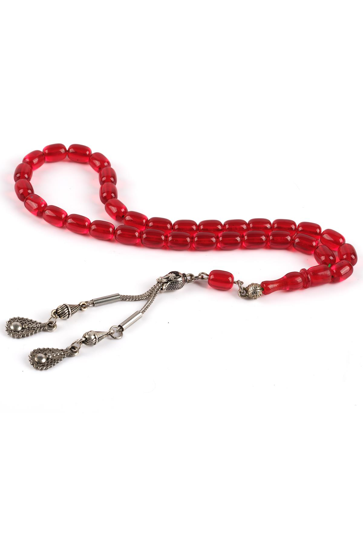 Beyisa Sıkma Serisi Kırmızı Kehribar Tesbih Metal Püsküllü Tesbih Kapsül