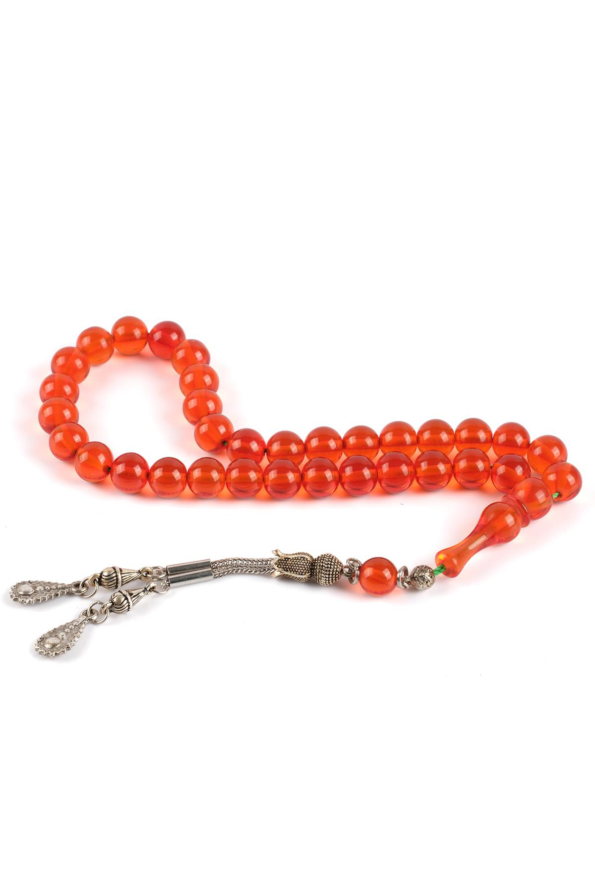 Sıkma Serisi Kırmızı Kehribar Tesbih Metal Püsküllü Tesbih Kapsül