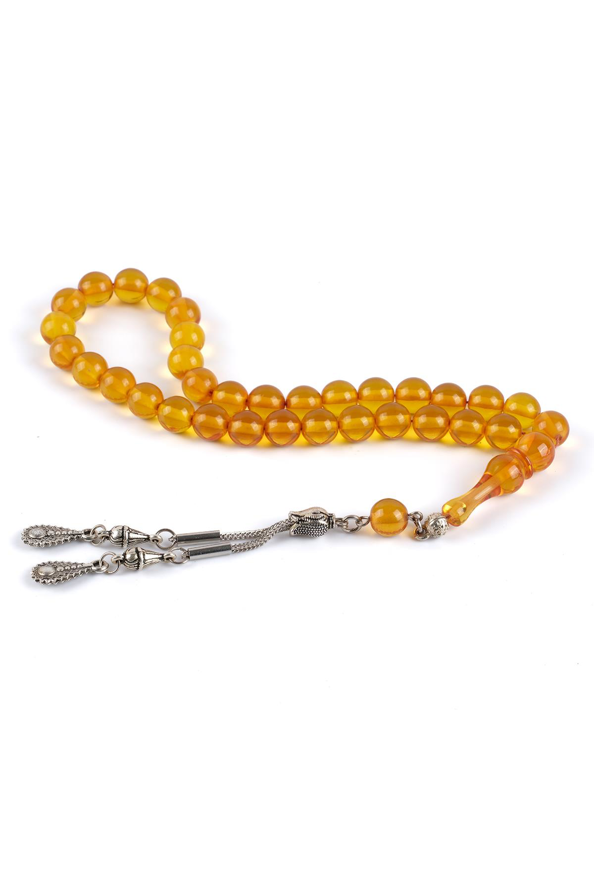 Sıkma Serisi Sarı Kehribar Tesbih Metal Püsküllü Tesbih Küre Kesi