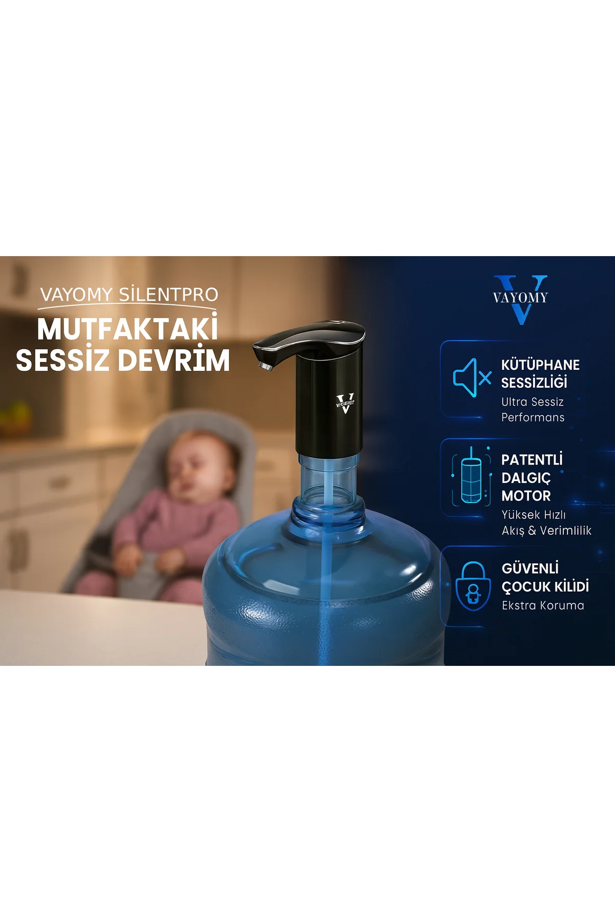 SilentPro Ultra Sessiz Şarjlı Otomatik Damacana Su Pompası Yüksek