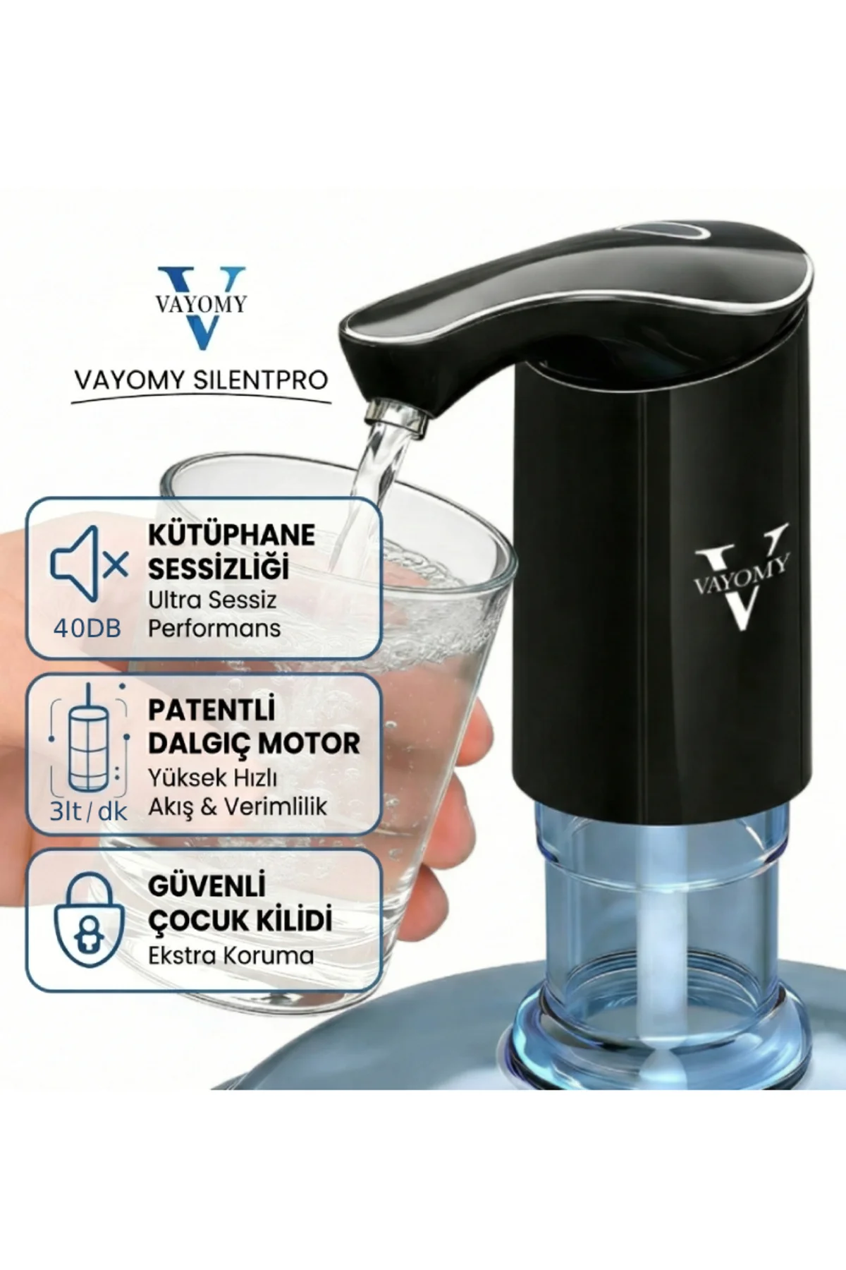 SilentPro Ultra Sessiz Şarjlı Otomatik Damacana Su Pompası Yüksek
