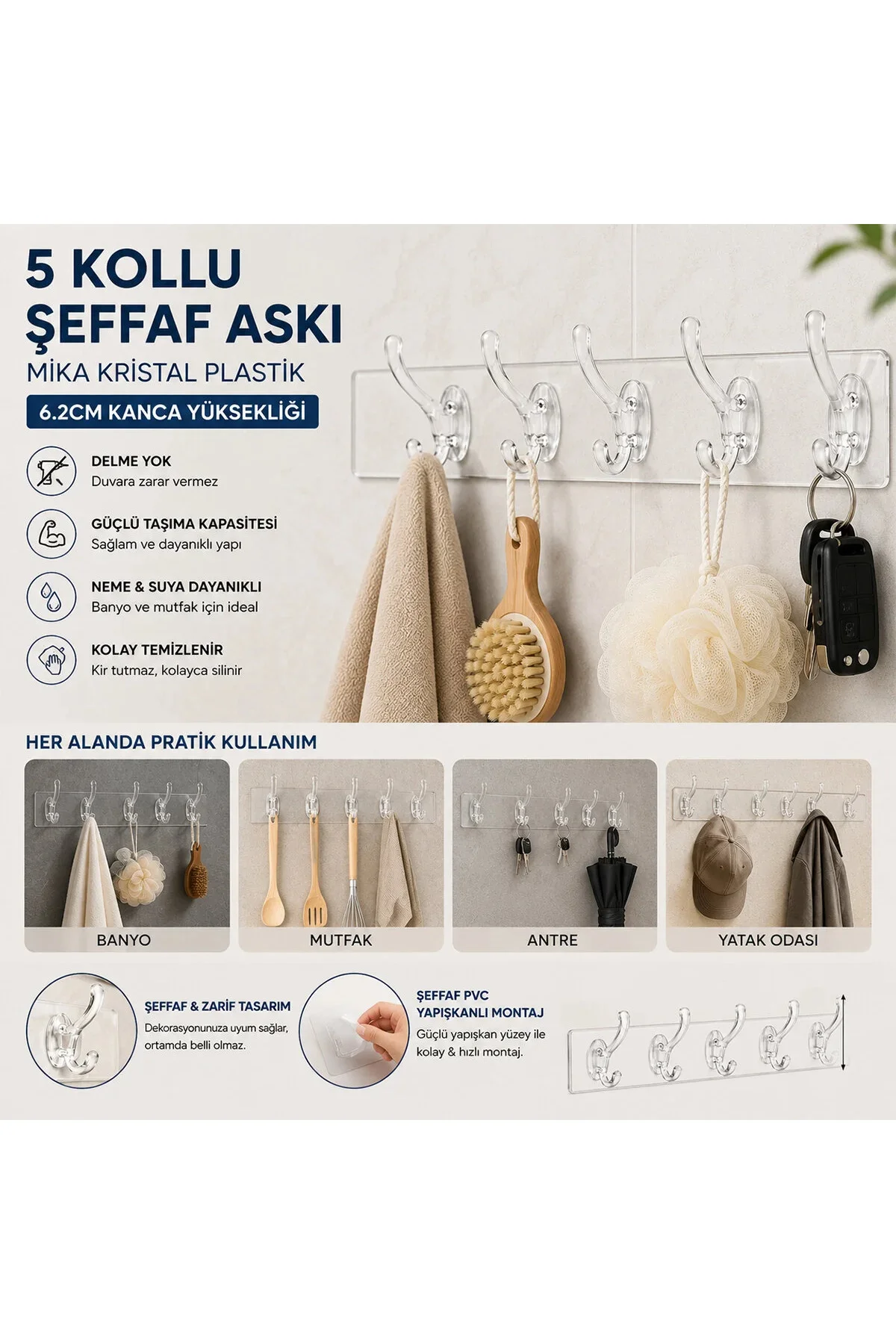 Silikon 5 Kollu Şeffaf Yapışkan Askı