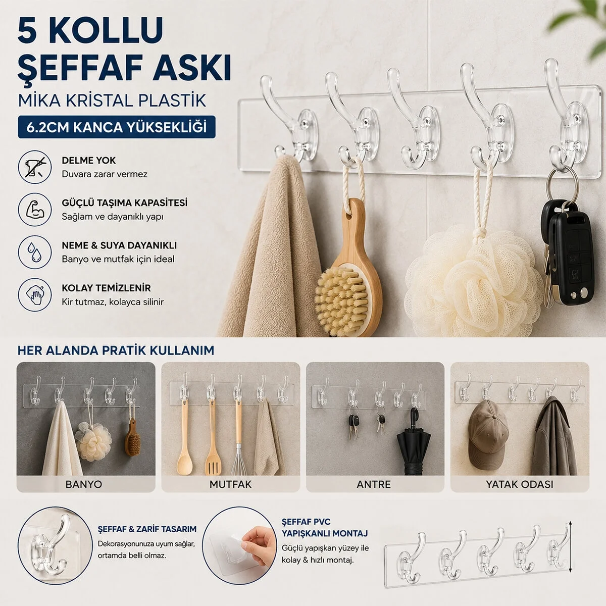 Silikon 5 Kollu Şeffaf Yapışkan Askı Bx40 Fiyatı, Yorumları ve Özellikleri