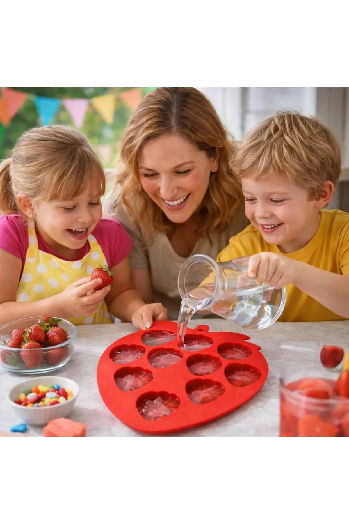 Silikon Çilek Şekilli Buz Kalıbı, Kırmızı, 10 Gözlü, Pasta ve İçe