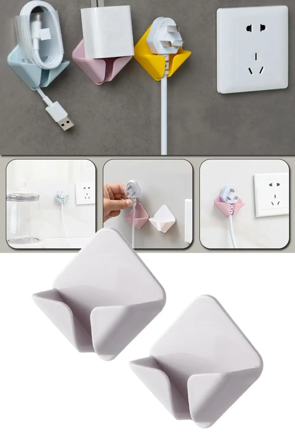Silikon Fiş ve Kablo Tutucu – Kendinden Yapışkanlı, İkili Set, Ço