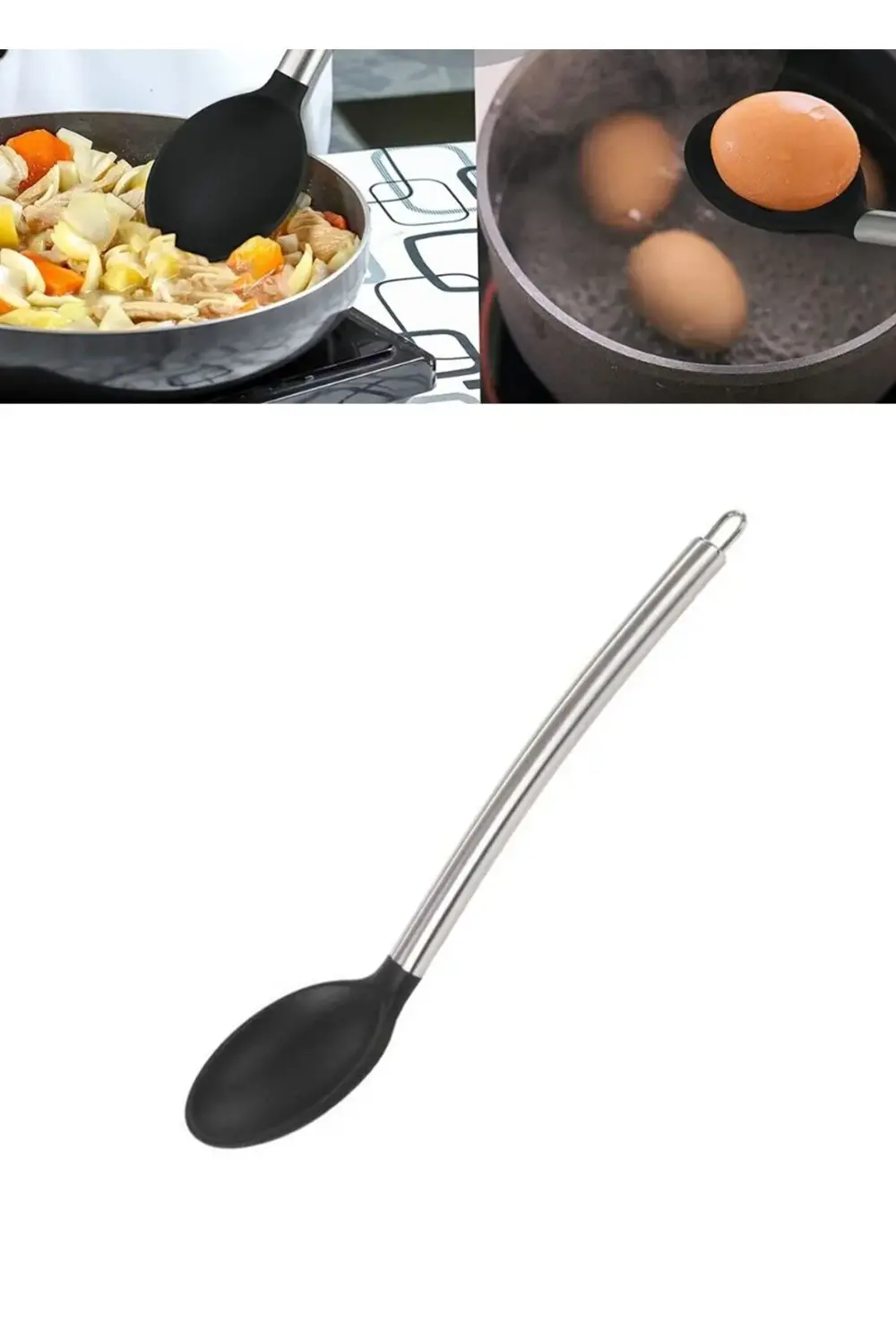 Silikon Kaşık Paslanmaz Saplı Servis Kaşığı Siyah 34 cm