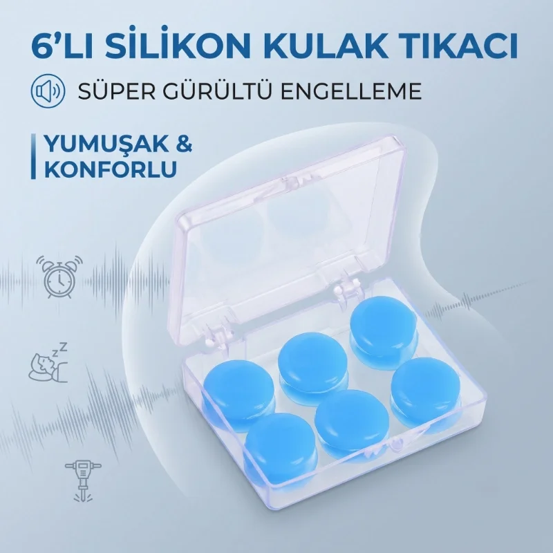 Silikon Kulak Tıkacı - 6'lı Özel Kutulu - Su Geçirmez ve Gürültü 