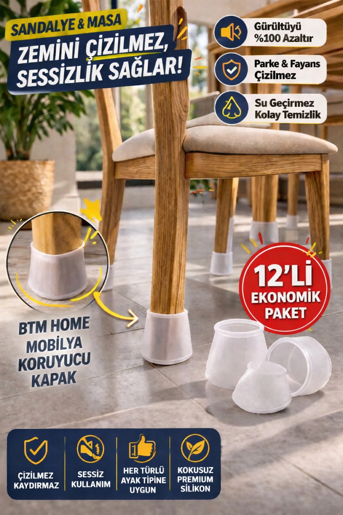 Silikon Mobilya Ayağı Koruyucu 12li Set Çizilmez Kaydırmaz Masa S