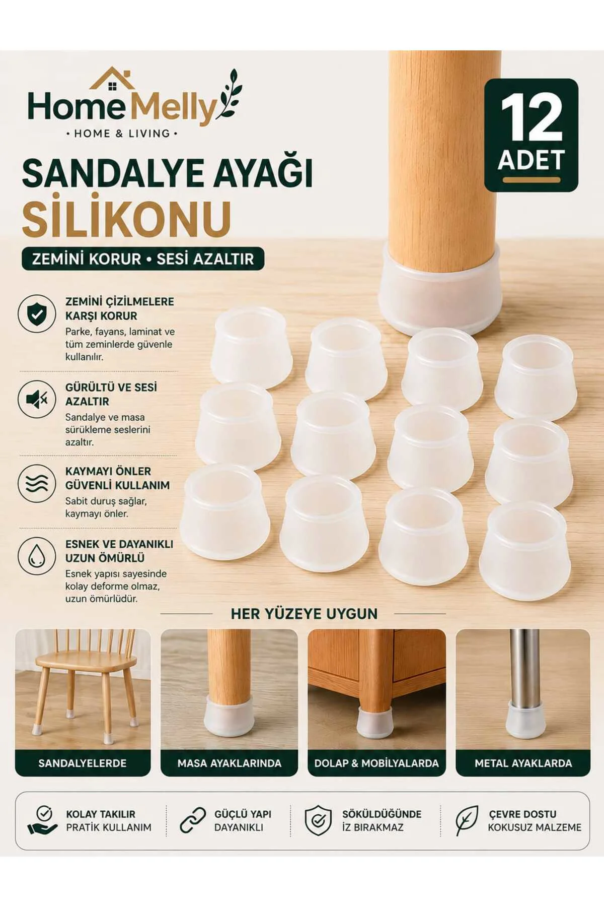 Silikon Mobilya Ayağı Koruyucu 12li Set Çizilmez Kaydırmaz Masa Sandalye Ayak Kılıfı