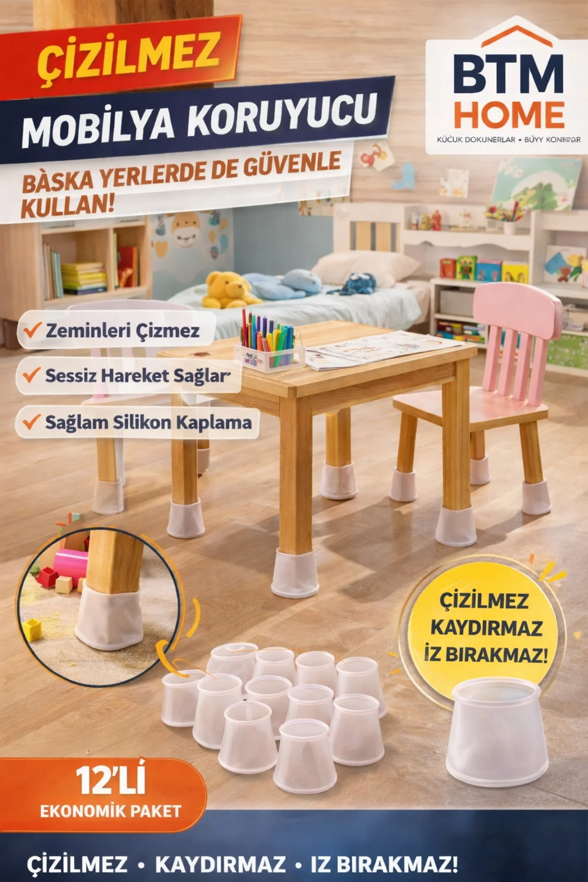 Silikon Mobilya Ayağı Koruyucu 12li Set Çizilmez Kaydırmaz Masa S