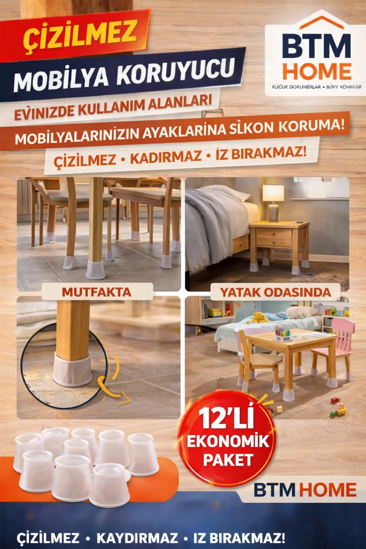 Silikon Mobilya Ayağı Koruyucu 12li Set Çizilmez Kaydırmaz Masa S