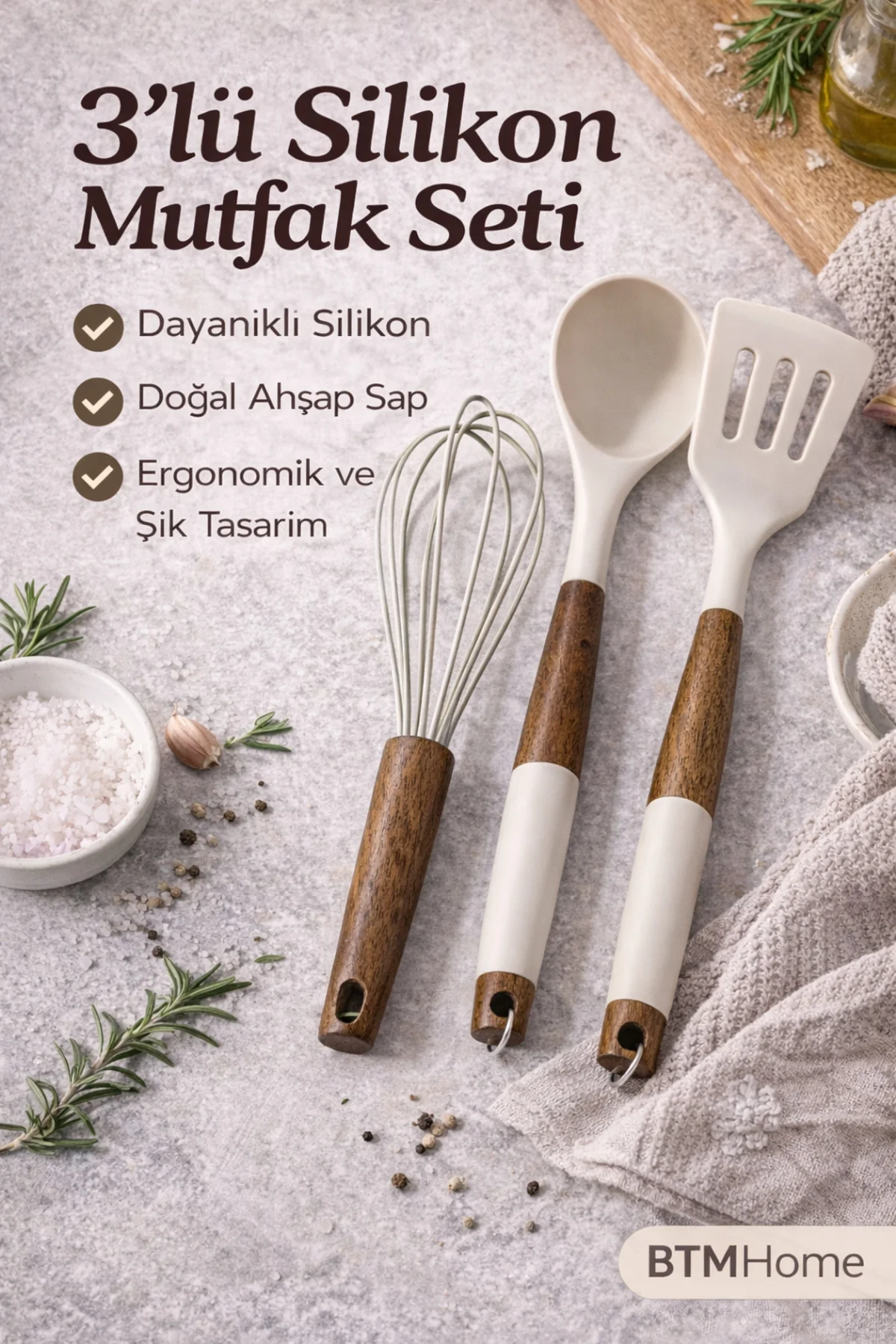 Silikon Mutfak Seti 3’lü Ahşap Saplı Spatula Kepçe Çırpıcı Çizmez Isıya Dayanıklı