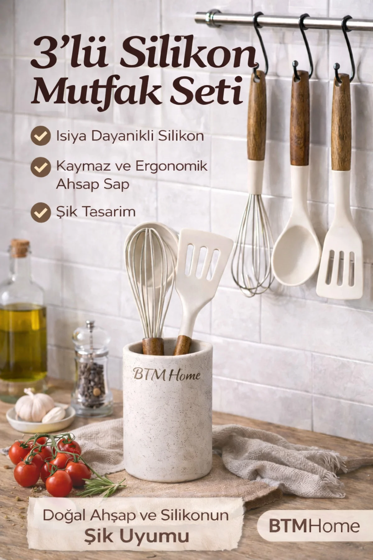 Silikon Mutfak Seti 3’lü Ahşap Saplı Spatula Kepçe Çırpıcı Çizmez Isıya Dayanıklı
