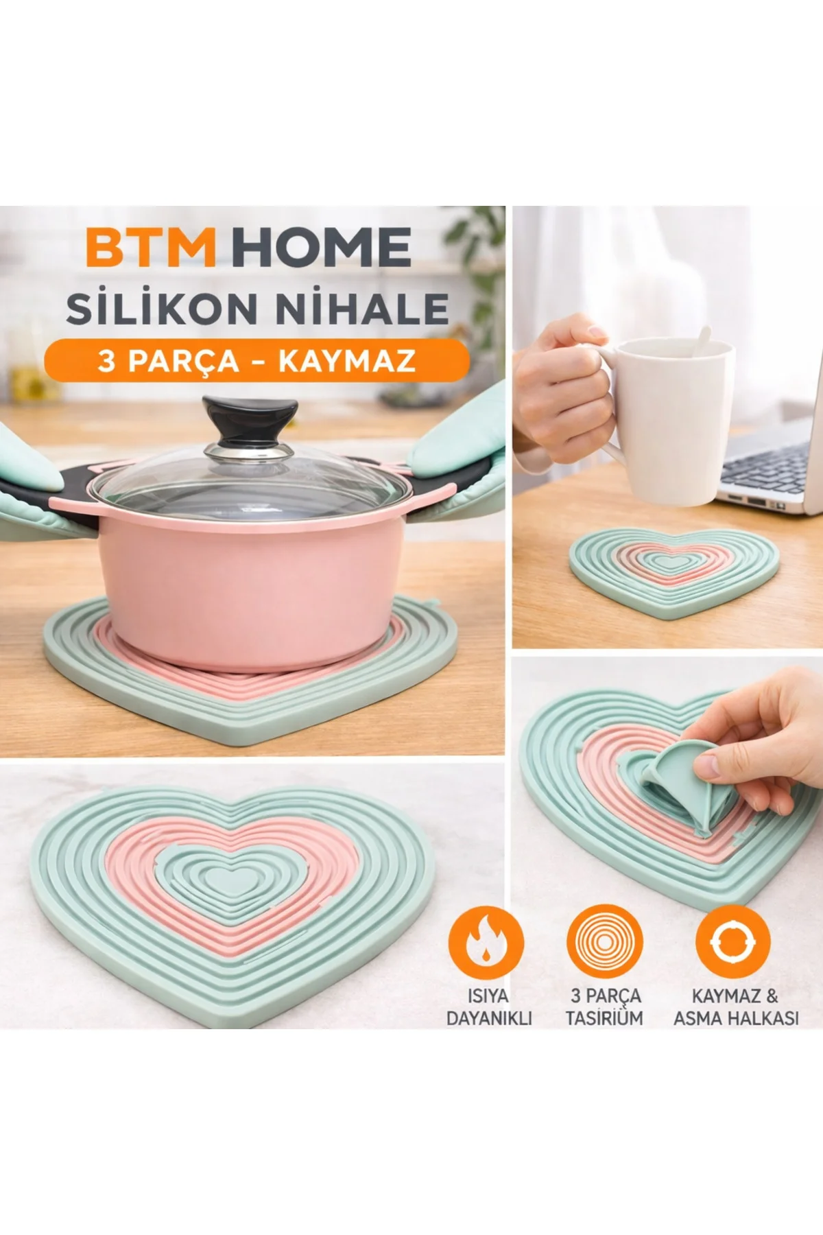 Silikon Nihale 3 Parça Kalp Şekilli Isıya Dayanıklı Tencere Tava 