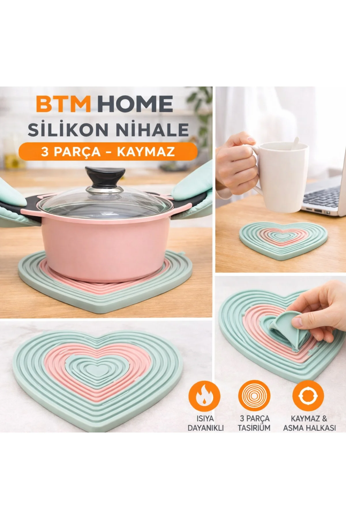 Silikon Nihale 3 Parça Kalp Şekilli Isıya Dayanıklı Tencere Tava 