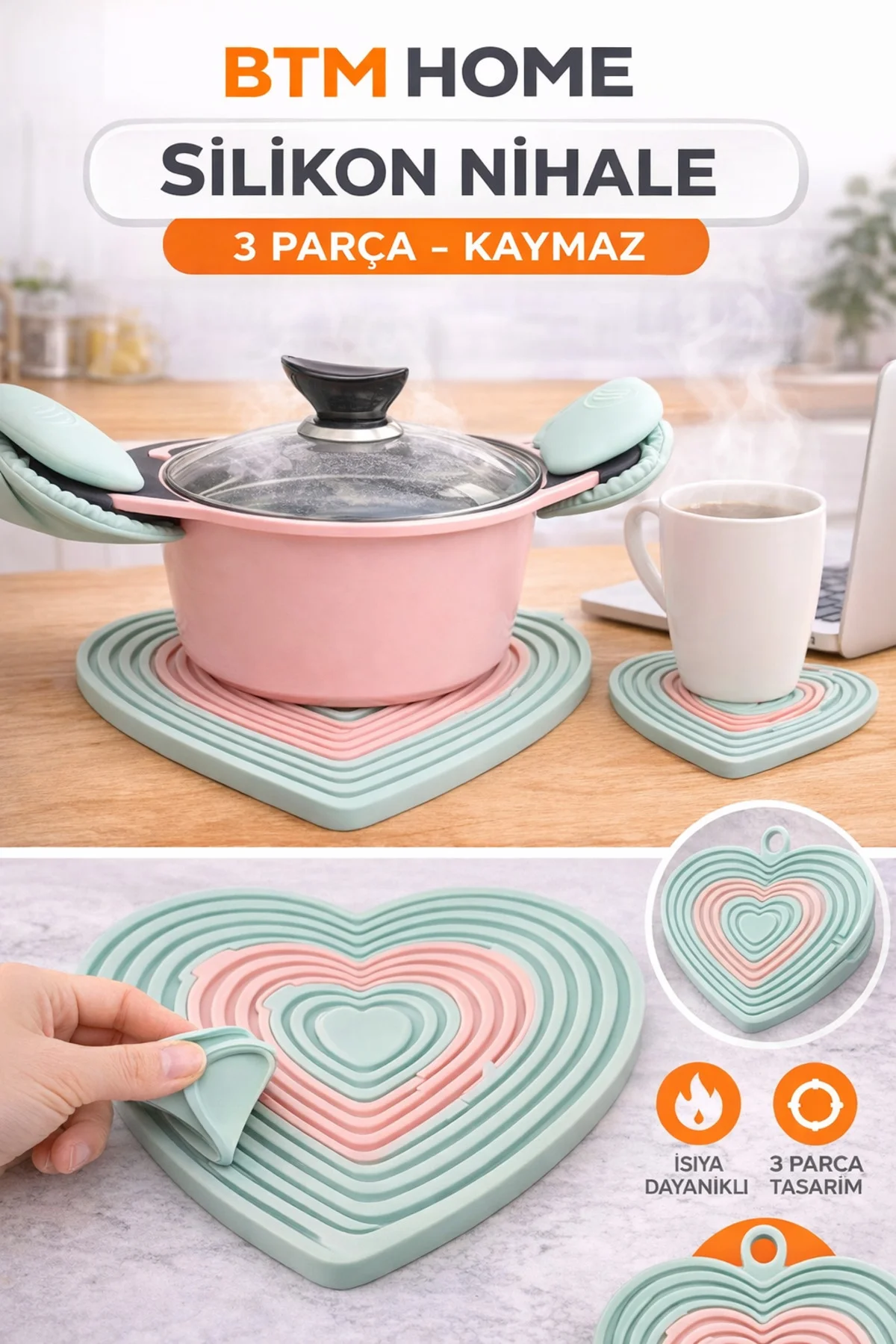Silikon Nihale 3 Parça Kalp Şekilli Isıya Dayanıklı Tencere Tava 
