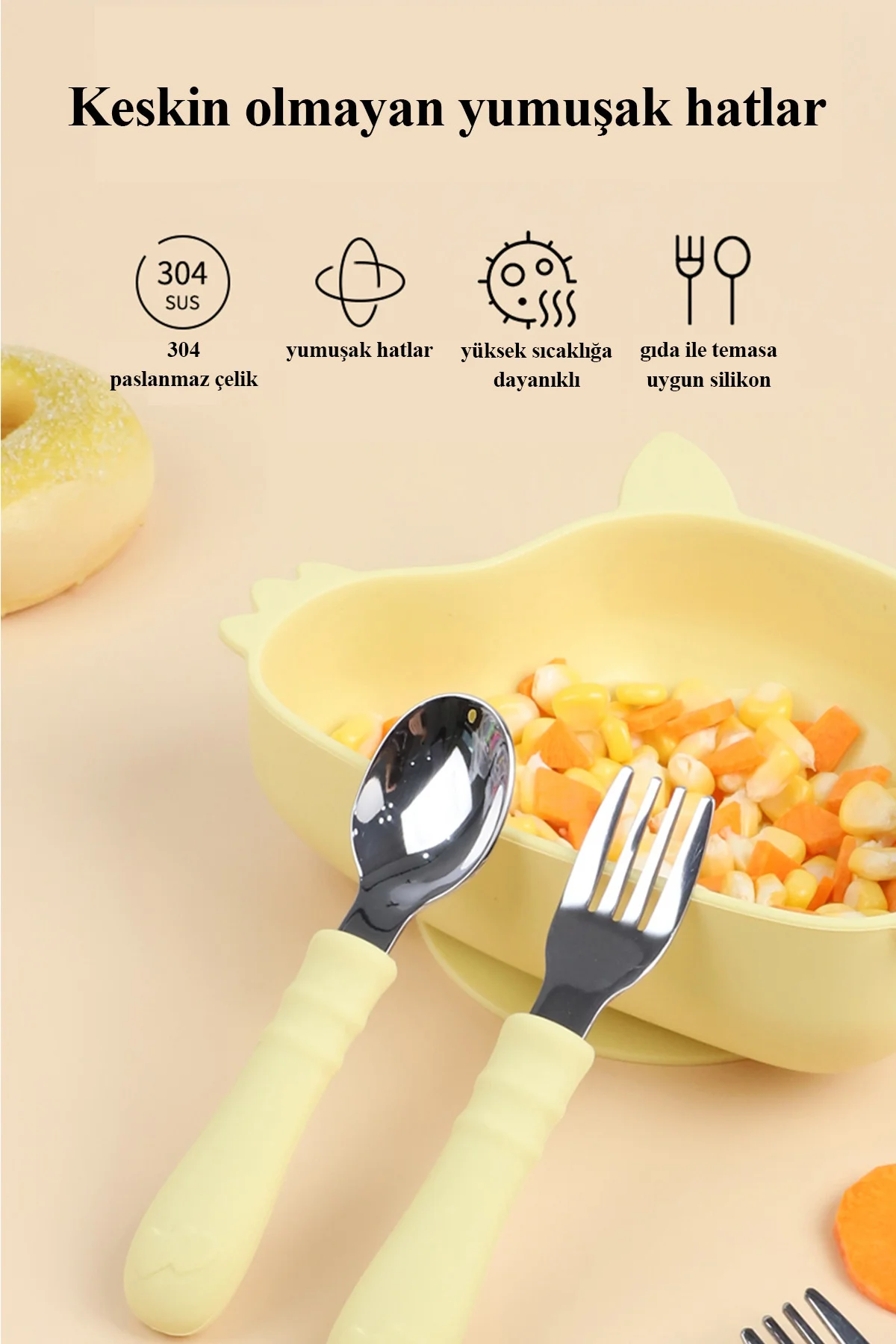 Silikon Saplı Paslanmaz Çelik Bebek Kaşık Çatal Seti Açık Mavi