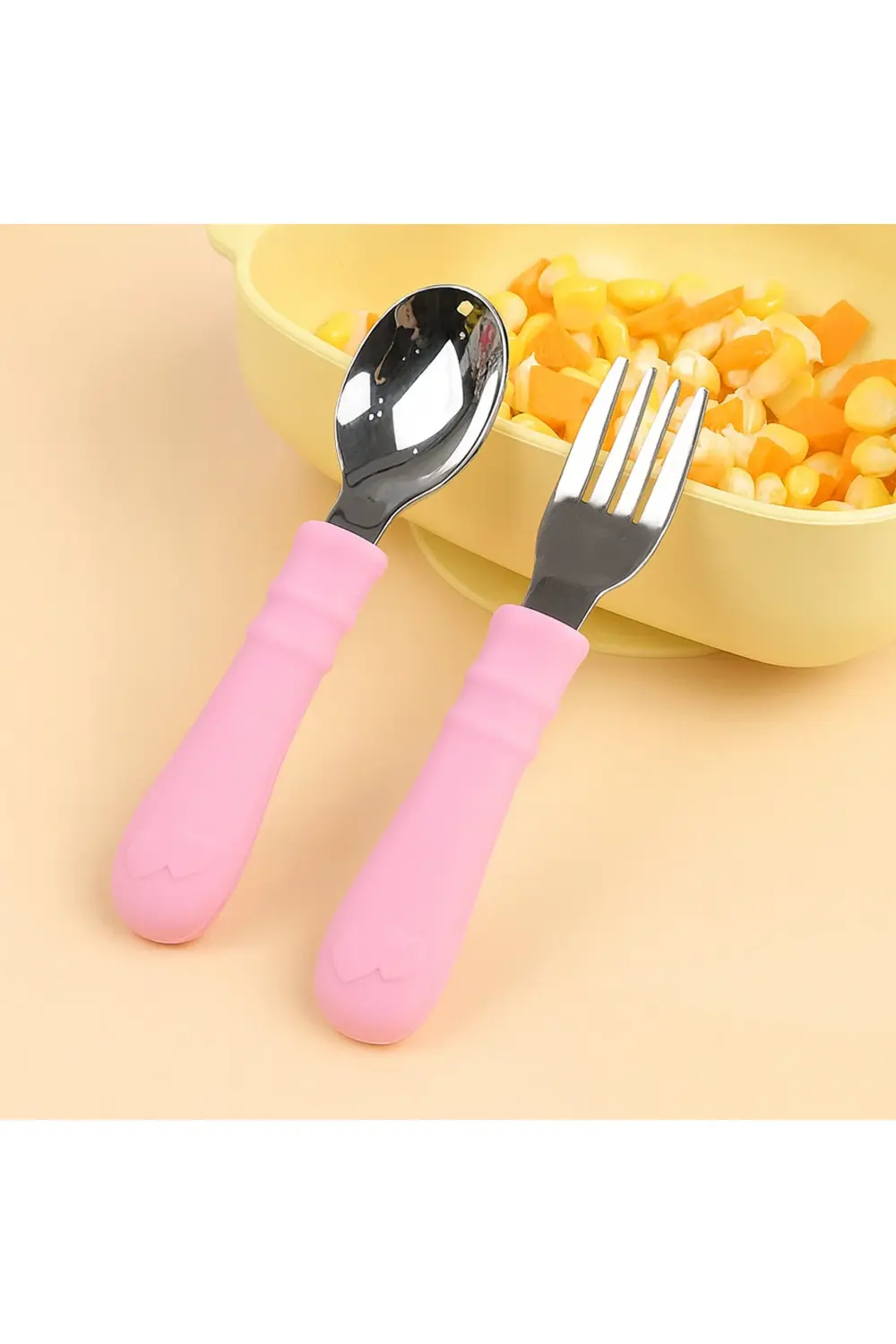 Silikon Saplı Paslanmaz Çelik Bebek Kaşık Çatal Seti Açık Pembe