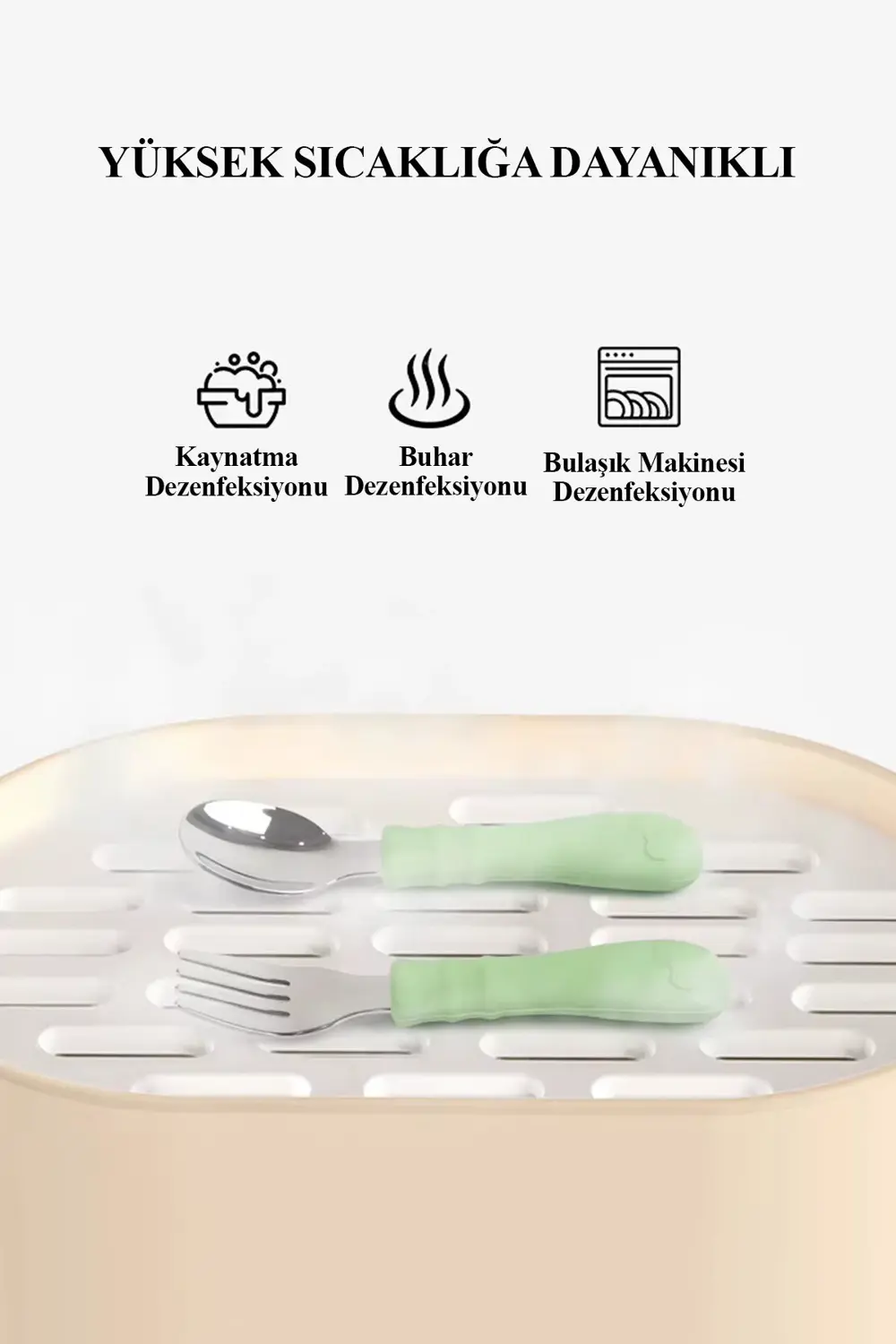 Silikon Saplı Paslanmaz Çelik Bebek Kaşık Çatal Seti Açık Pembe