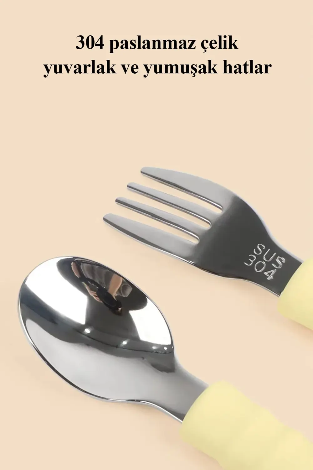 Silikon Saplı Paslanmaz Çelik Bebek Kaşık Çatal Seti Açık Mavi