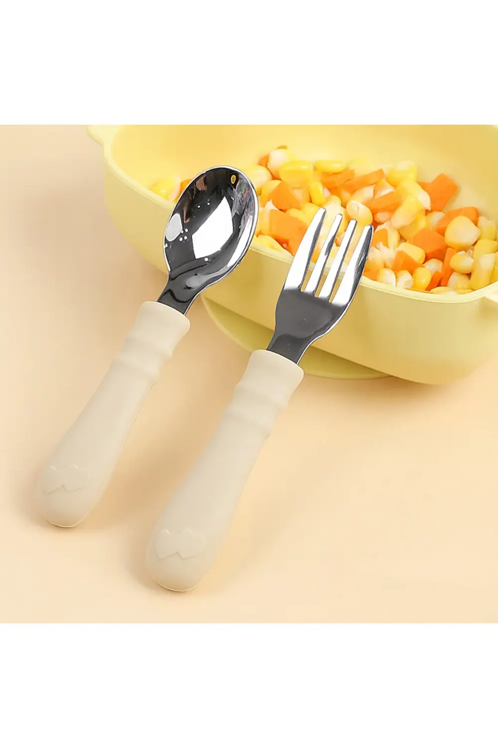 Silikon Saplı Paslanmaz Çelik Bebek Kaşık Çatal Seti Bej