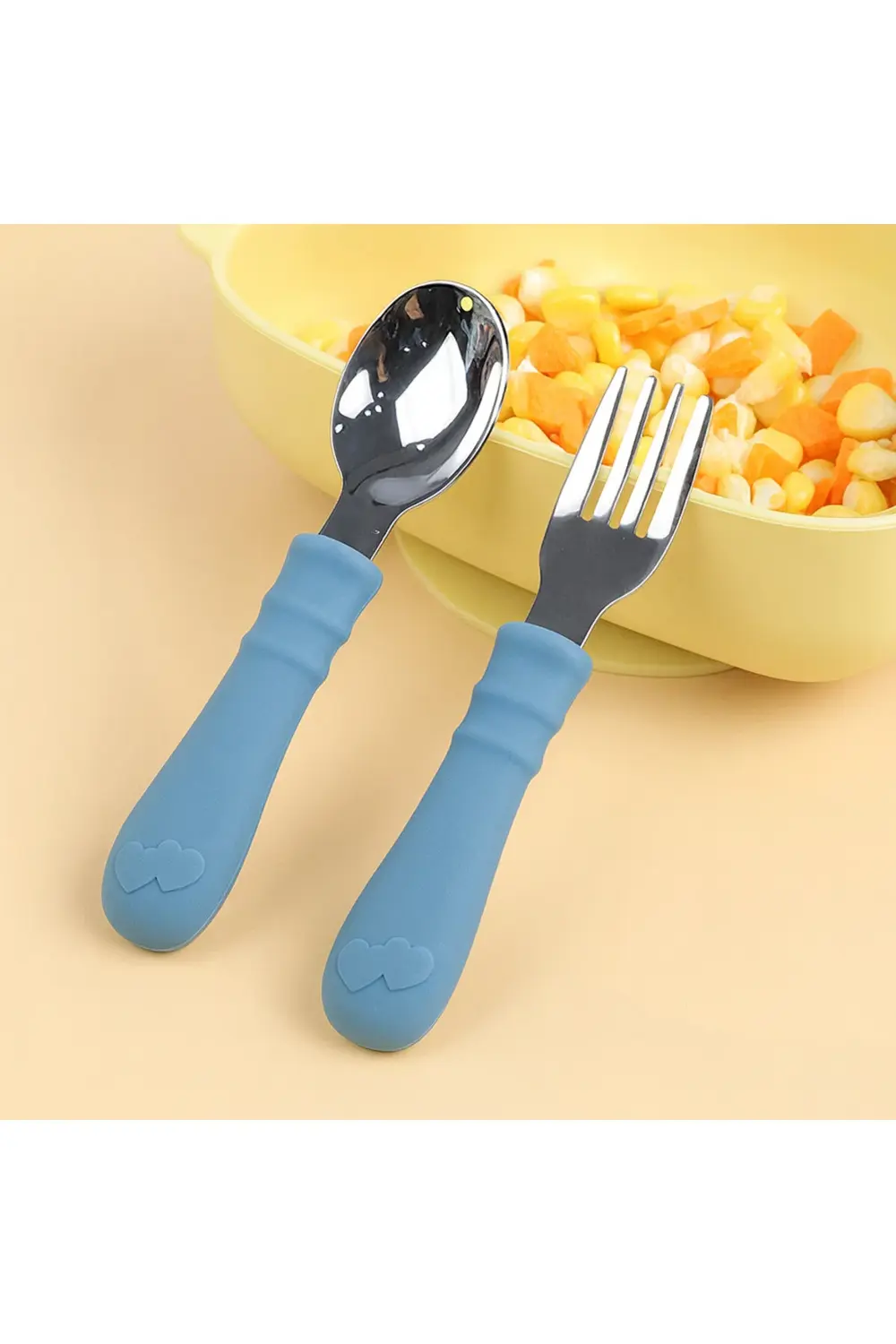 Silikon Saplı Paslanmaz Çelik Bebek Kaşık Çatal Seti Mavi