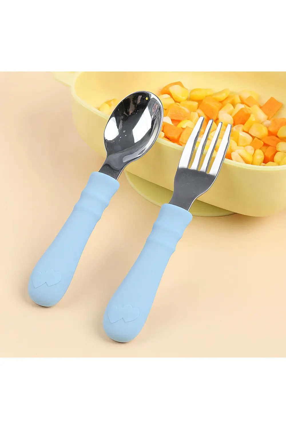 Silikon Saplı Paslanmaz Çelik Bebek Kaşık Çatal Seti Açık Mavi