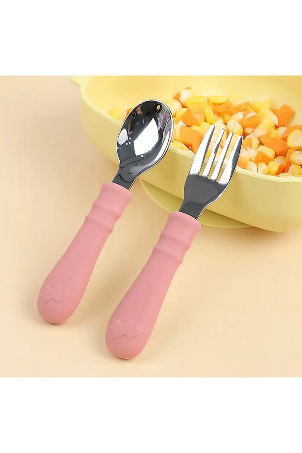 Silikon Saplı Paslanmaz Çelik Bebek Kaşık Çatal Seti Pembe