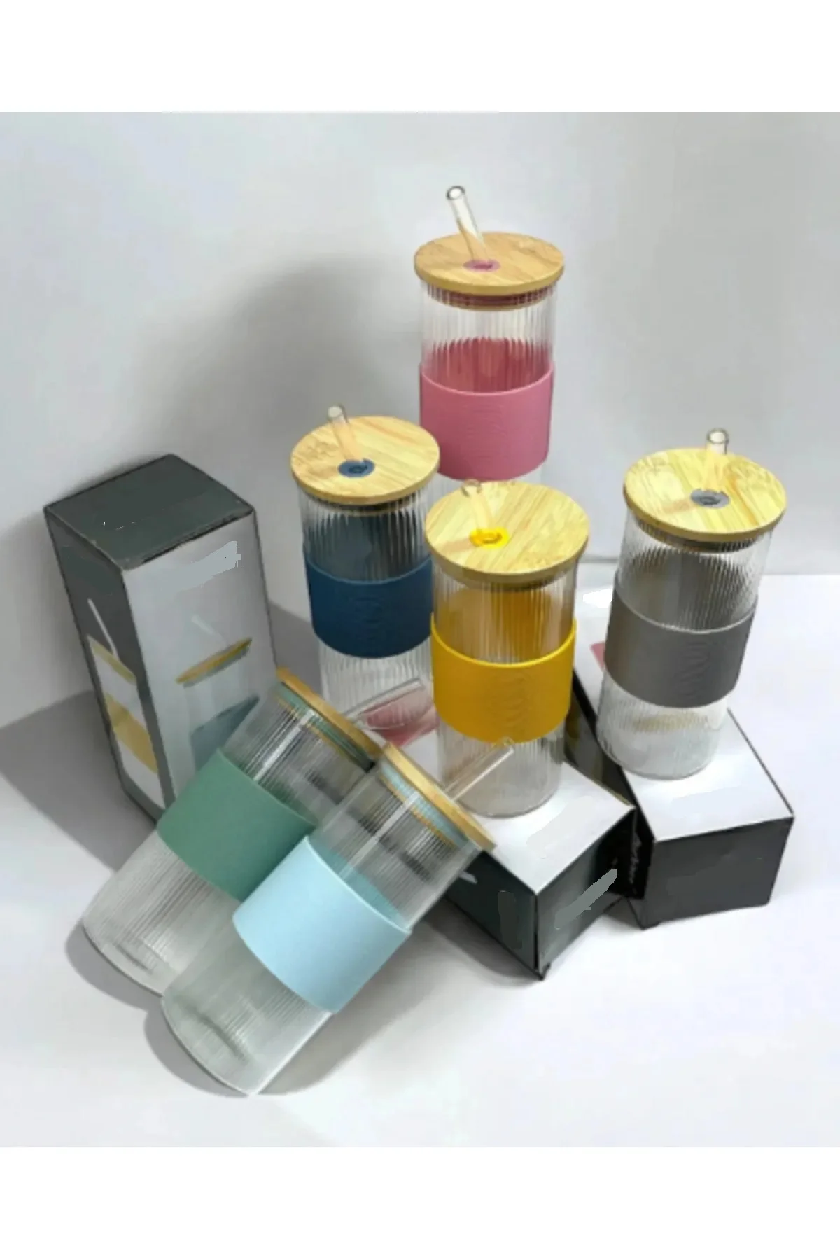 Silikonlu Ve Pipetli Bamboo Kapaklı Cam Borosilikat Bardak 400ml
